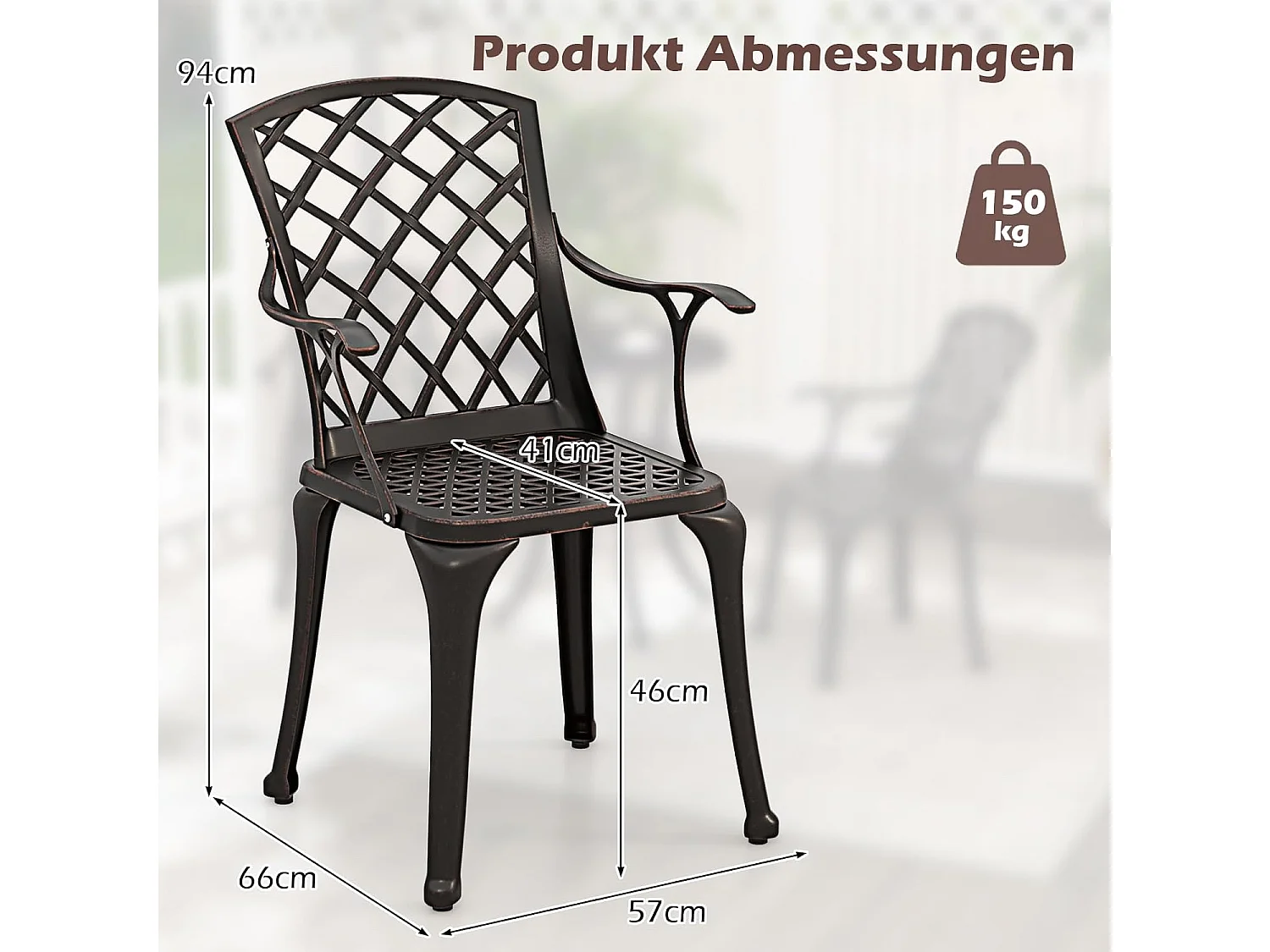 Set van 2 tuinstoelen van gegoten aluminium, weerbestendige terrasstoelen met armleuningen, balkonstoelen voor tuin, balkon, achtertuin (koperrood)ZB34259