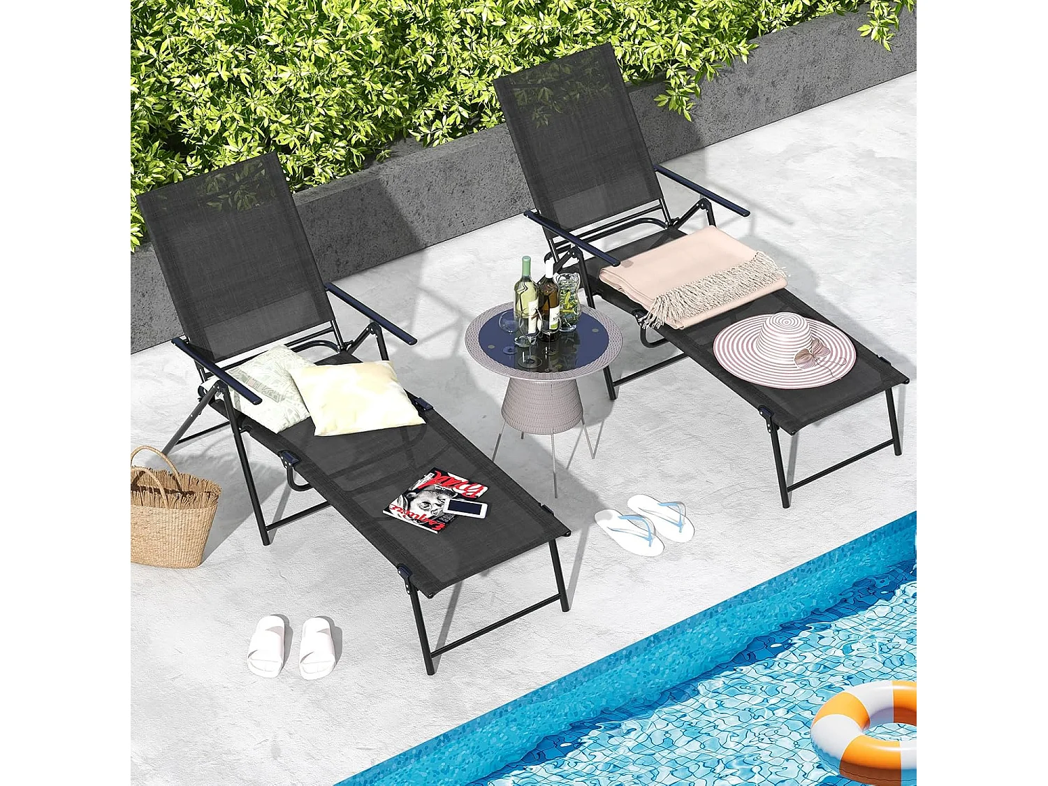 Set van 2 zonnestoelen, inklapbaar, ligstoel met verstelbare rugleuning, voeteneinde en ademende zitstof, klapstoel, ligstoel voor tuin, terras (zwart)ZB33519