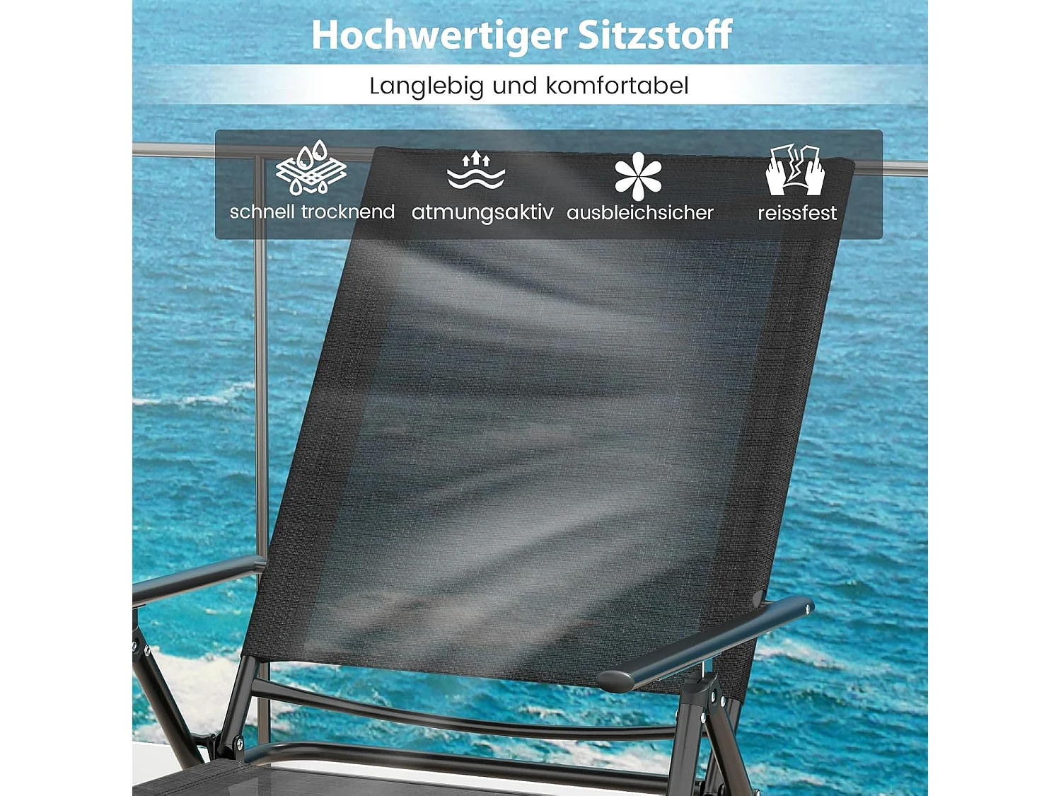 Set van 2 zonnestoelen, inklapbaar, ligstoel met verstelbare rugleuning, voeteneinde en ademende zitstof, klapstoel, ligstoel voor tuin, terras (zwart)ZB33519