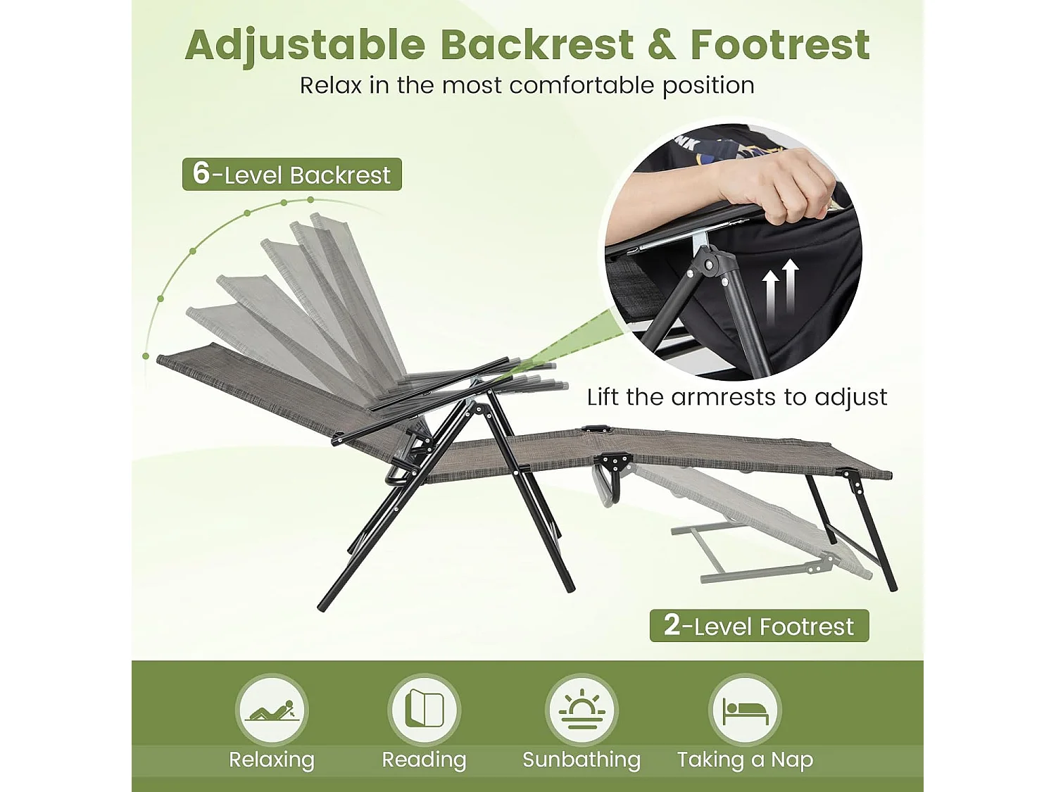 Set van 2 zonnestoelen, inklapbaar, ligstoel met verstelbare rugleuning, voeteneinde en ademende zitstof, klapstoel, ligstoel voor tuin, terras (zwart)ZB33519