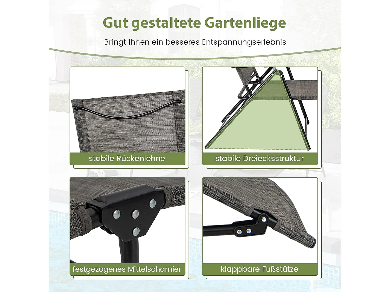 Set van 2 zonnestoelen, inklapbaar, ligstoel met verstelbare rugleuning, voeteneinde en ademende zitstof, klapstoel, ligstoel voor tuin, terras (zwart)ZB33519