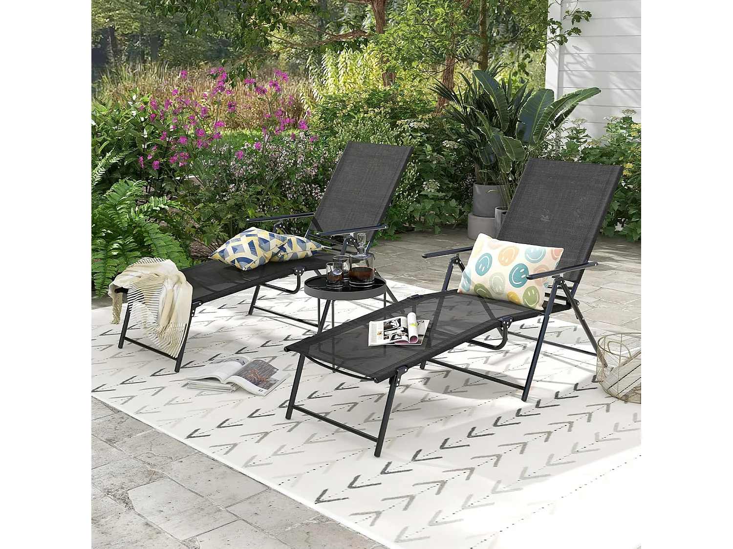 Set van 2 zonnestoelen, inklapbaar, ligstoel met verstelbare rugleuning, voeteneinde en ademende zitstof, klapstoel, ligstoel voor tuin, terras (zwart)ZB33519