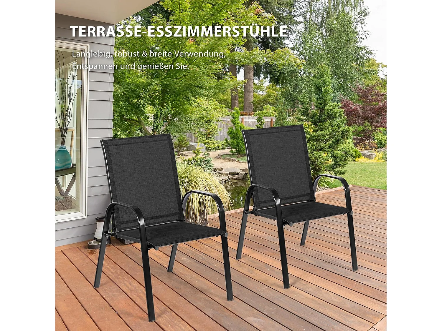 Set van 2 tuinstoelen met armleuningen, terrasstoelen van textiel en metalen frame, balkonstoelen tot 200 kg belastbaar,zwembad, 56 x 72 x 90 cm (zwart)TI85852