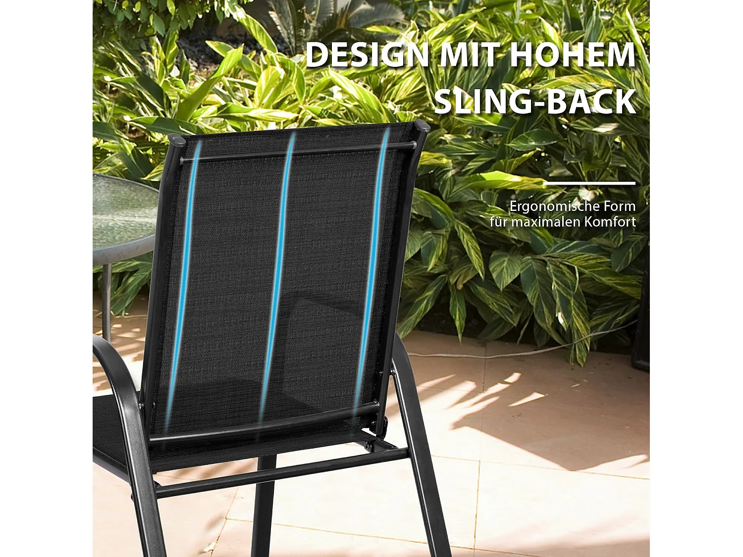 Set van 2 tuinstoelen met armleuningen, terrasstoelen van textiel en metalen frame, balkonstoelen tot 200 kg belastbaar,zwembad, 56 x 72 x 90 cm (zwart)TI85852