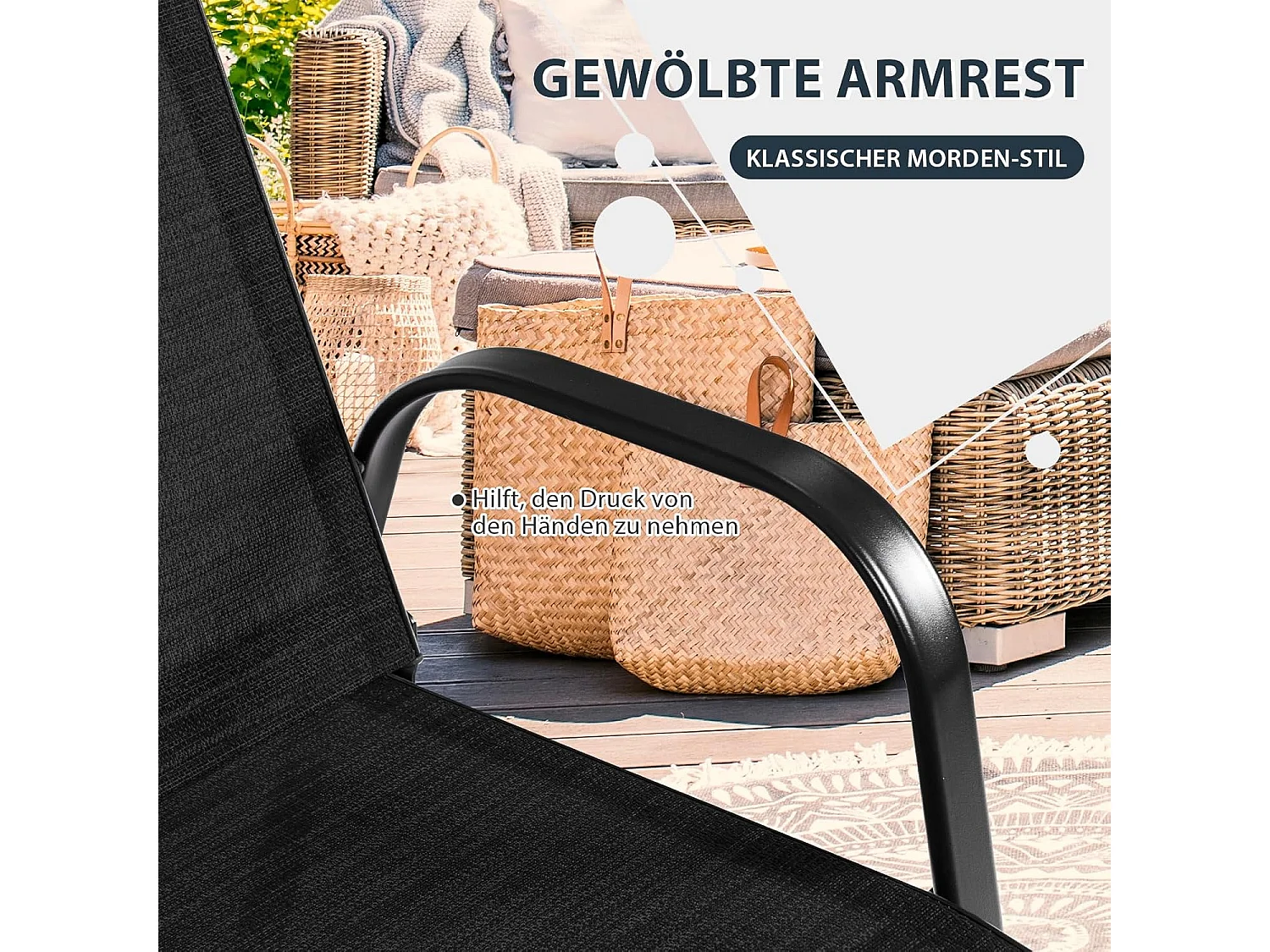 Set van 2 tuinstoelen met armleuningen, terrasstoelen van textiel en metalen frame, balkonstoelen tot 200 kg belastbaar,zwembad, 56 x 72 x 90 cm (zwart)TI85852