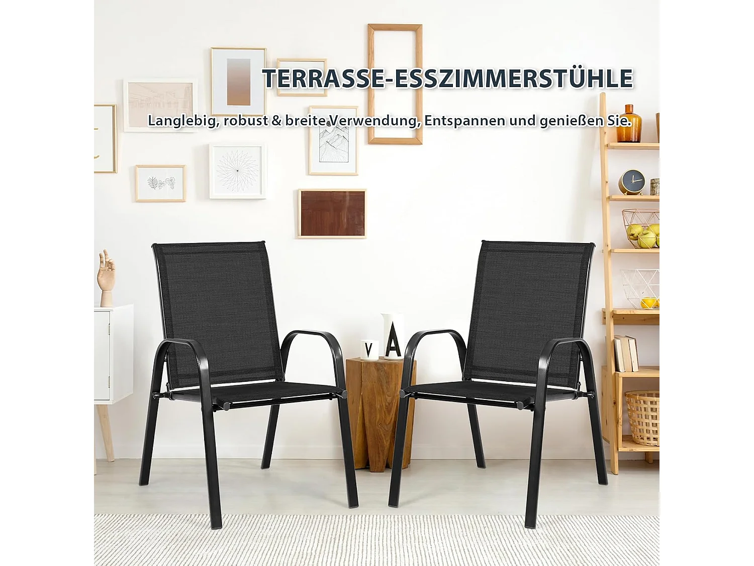 Set van 2 tuinstoelen met armleuningen, terrasstoelen van textiel en metalen frame, balkonstoelen tot 200 kg belastbaar,zwembad, 56 x 72 x 90 cm (zwart)TI85852