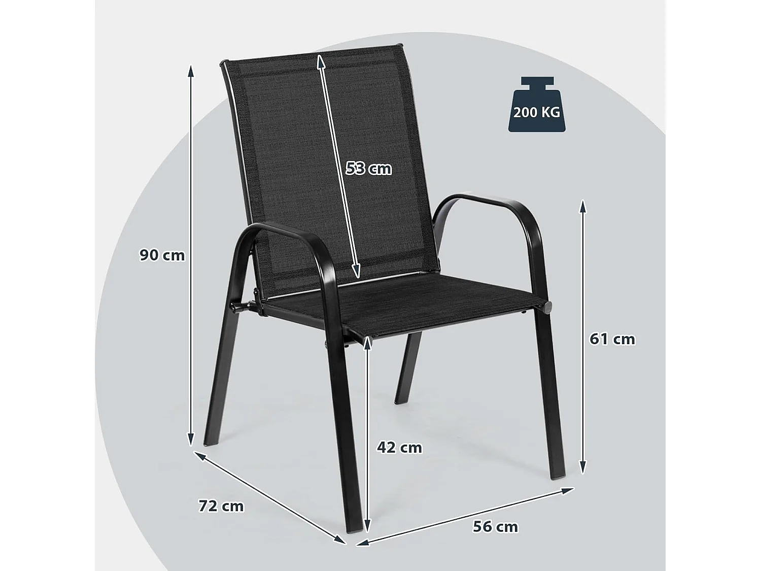 Set van 2 tuinstoelen met armleuningen, terrasstoelen van textiel en metalen frame, balkonstoelen tot 200 kg belastbaar,zwembad, 56 x 72 x 90 cm (zwart)TI85852