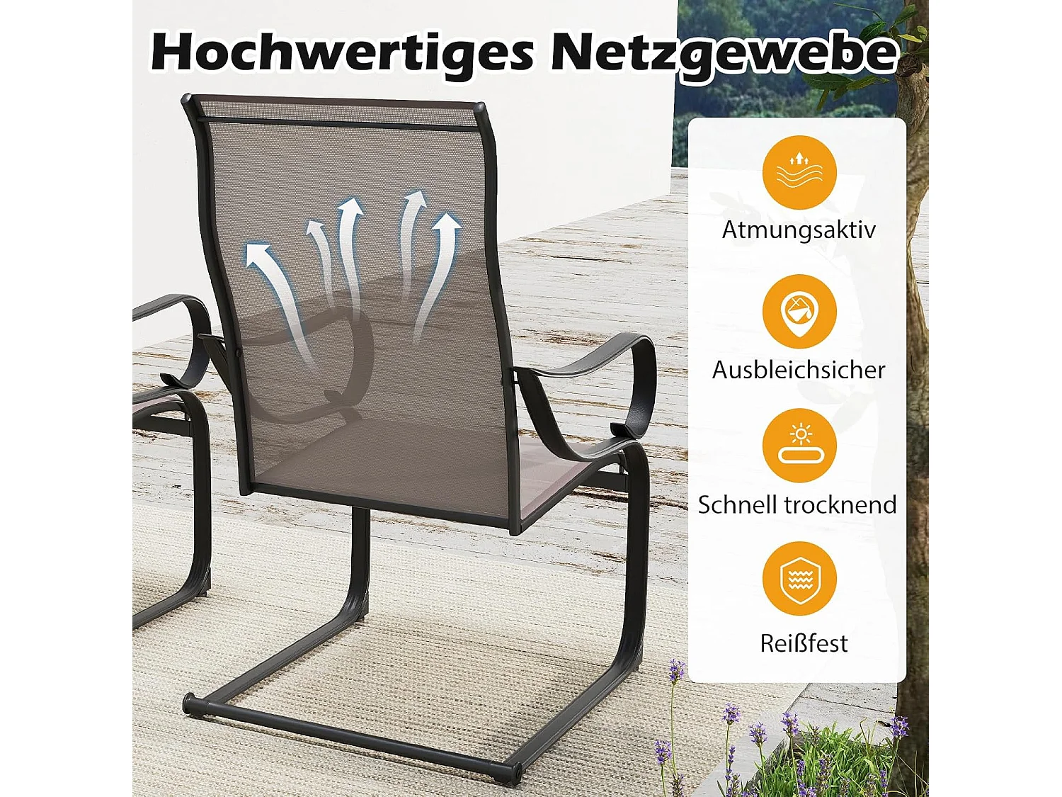 Tuinstoelen, set van 2, cantileverstoelen met hoge rugleuning en zitting van netweefsel, terrasstoelen, outdoorstoelen voor tuin, veranda, zwembad ZB33116