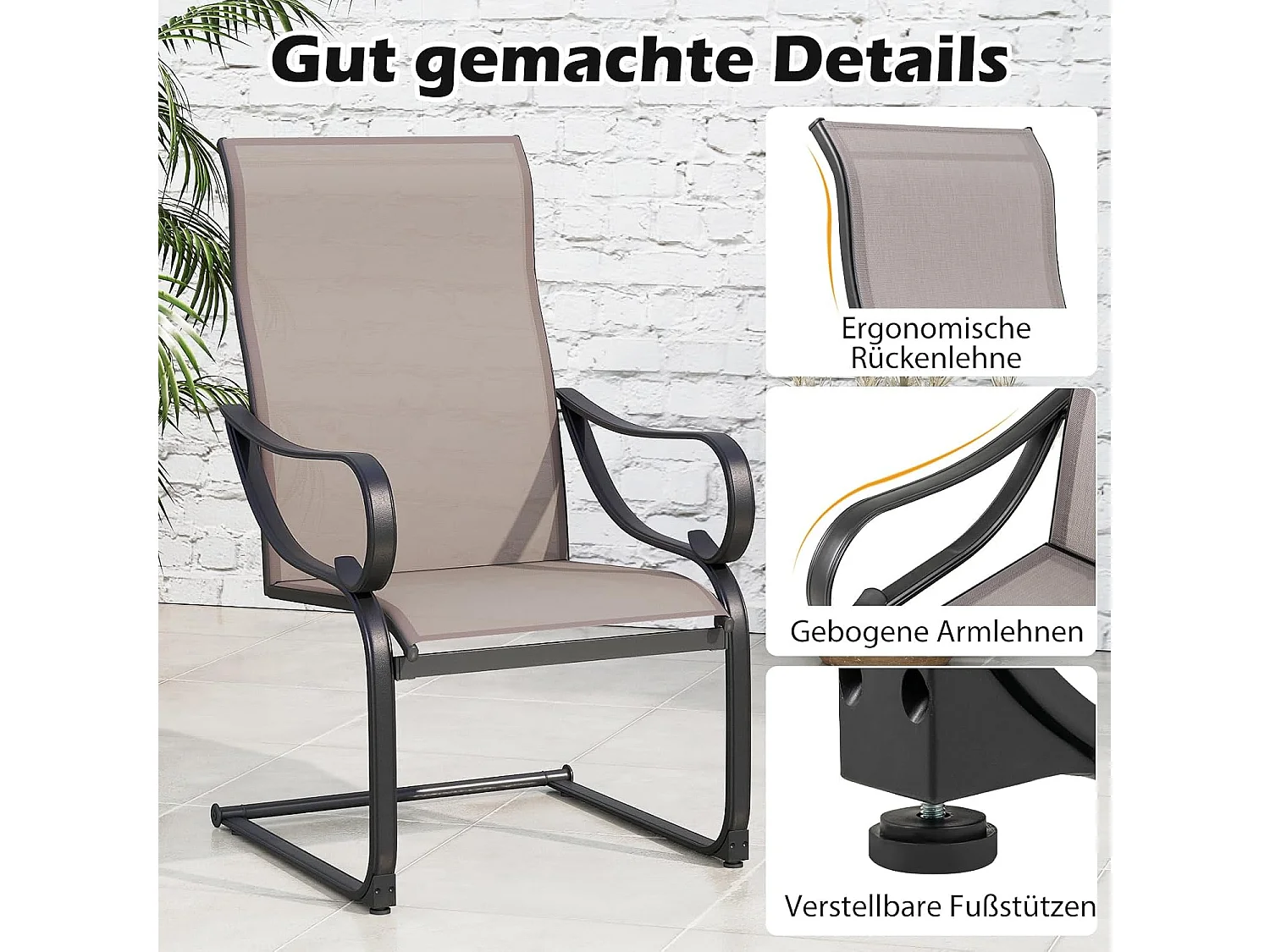 Tuinstoelen, set van 2, cantileverstoelen met hoge rugleuning en zitting van netweefsel, terrasstoelen, outdoorstoelen voor tuin, veranda, zwembad ZB33116