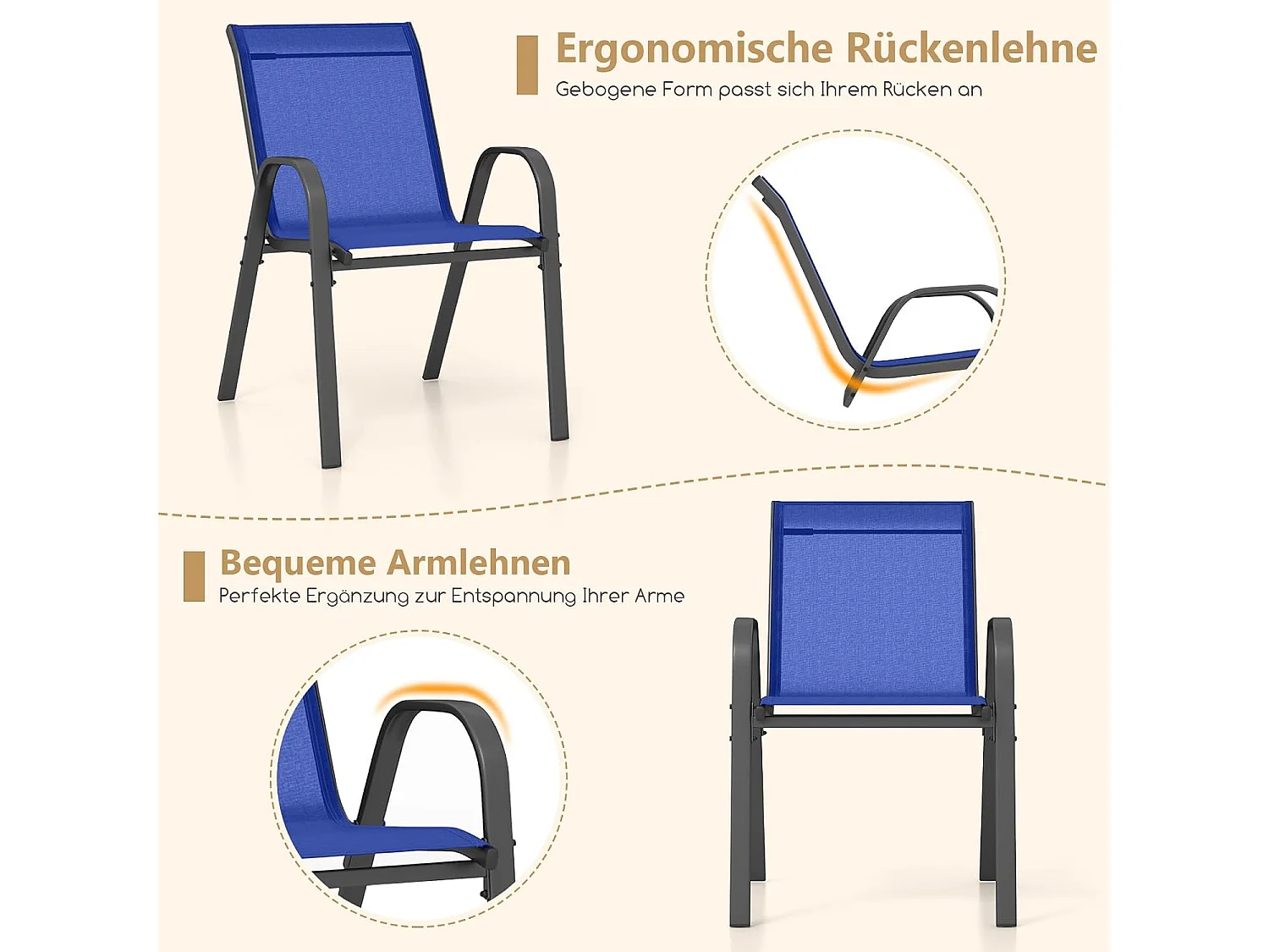 Set van 4 stapelbare tuinstoelen, stapelstoelen van textiel en metalen frame,  balkonstoelen, belastbaar tot 150 kg, 56 x 70 x 84 cm (bruin)ZB33718