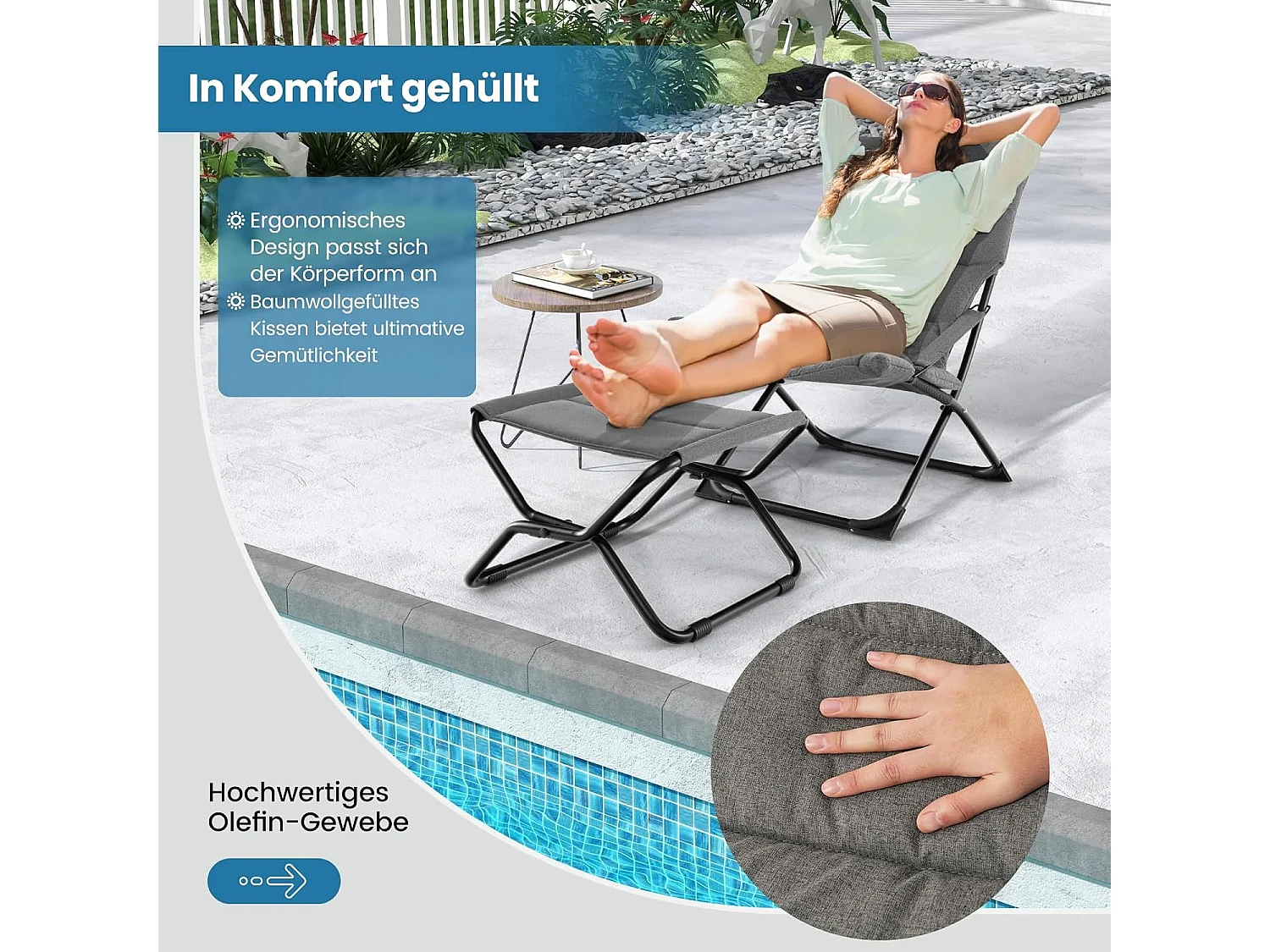 Opvouwbare ligstoel met voetenbank, ligbed met afneembaar kussen en hoge rugleuning, gevoerde ligstoel voor tuin, terras, achtertuin, grijs ZB33629