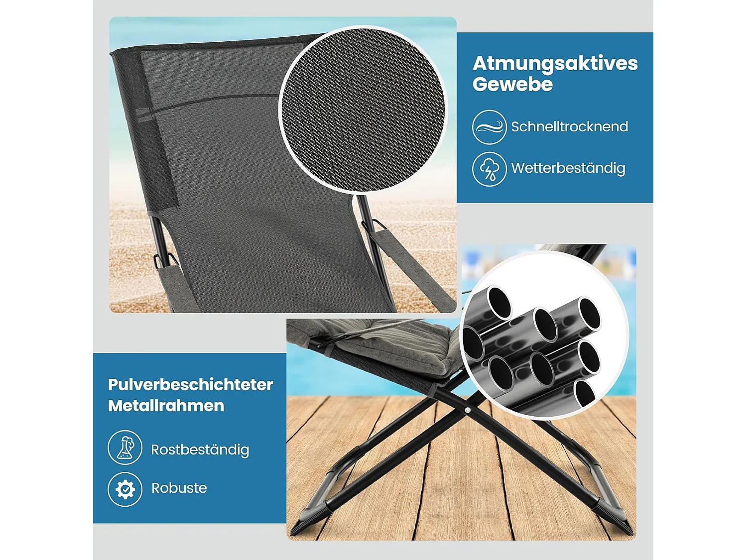 Opvouwbare ligstoel met voetenbank, ligbed met afneembaar kussen en hoge rugleuning, gevoerde ligstoel voor tuin, terras, achtertuin, grijs ZB33629