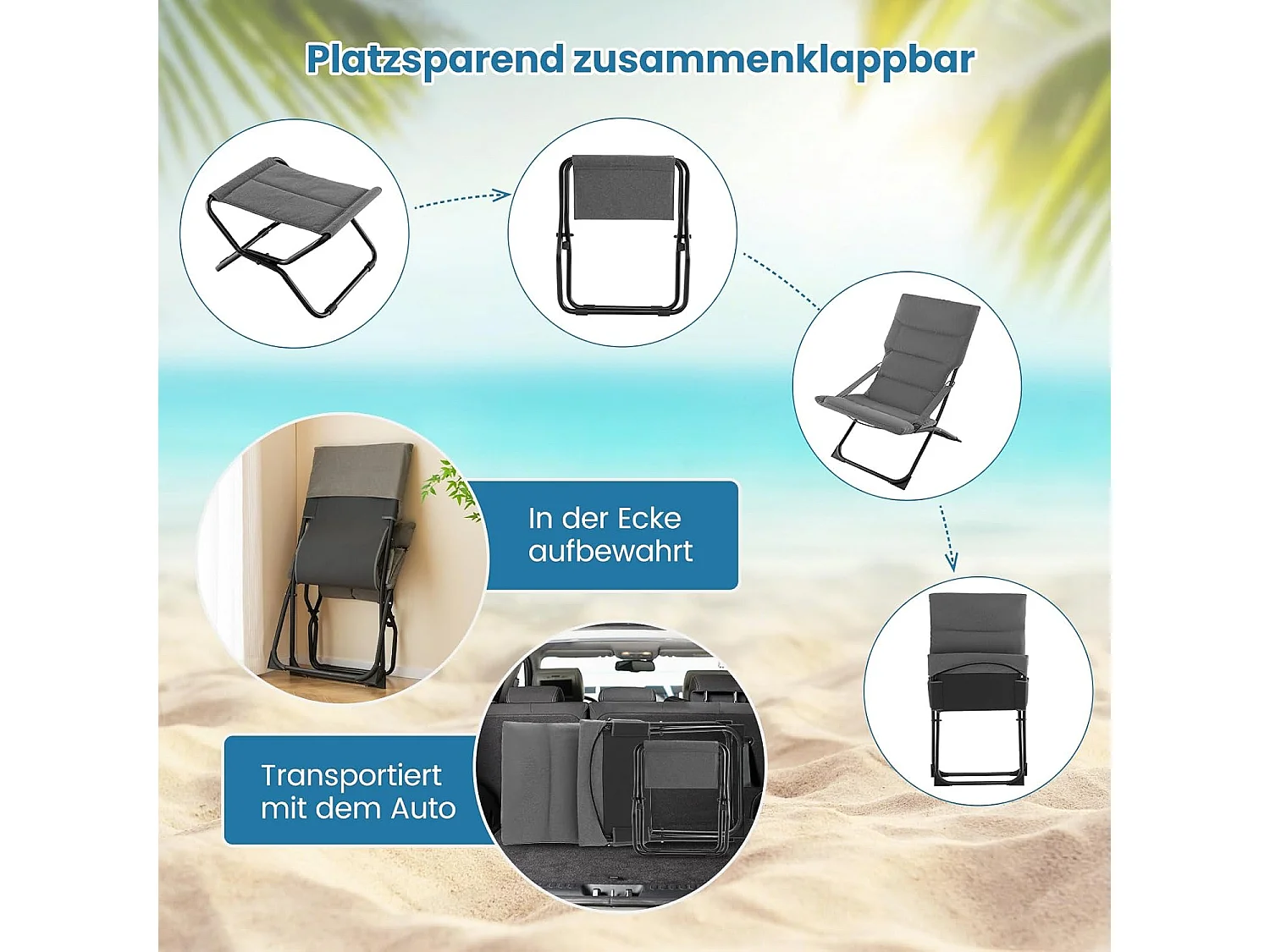 Opvouwbare ligstoel met voetenbank, ligbed met afneembaar kussen en hoge rugleuning, gevoerde ligstoel voor tuin, terras, achtertuin, grijs ZB33629