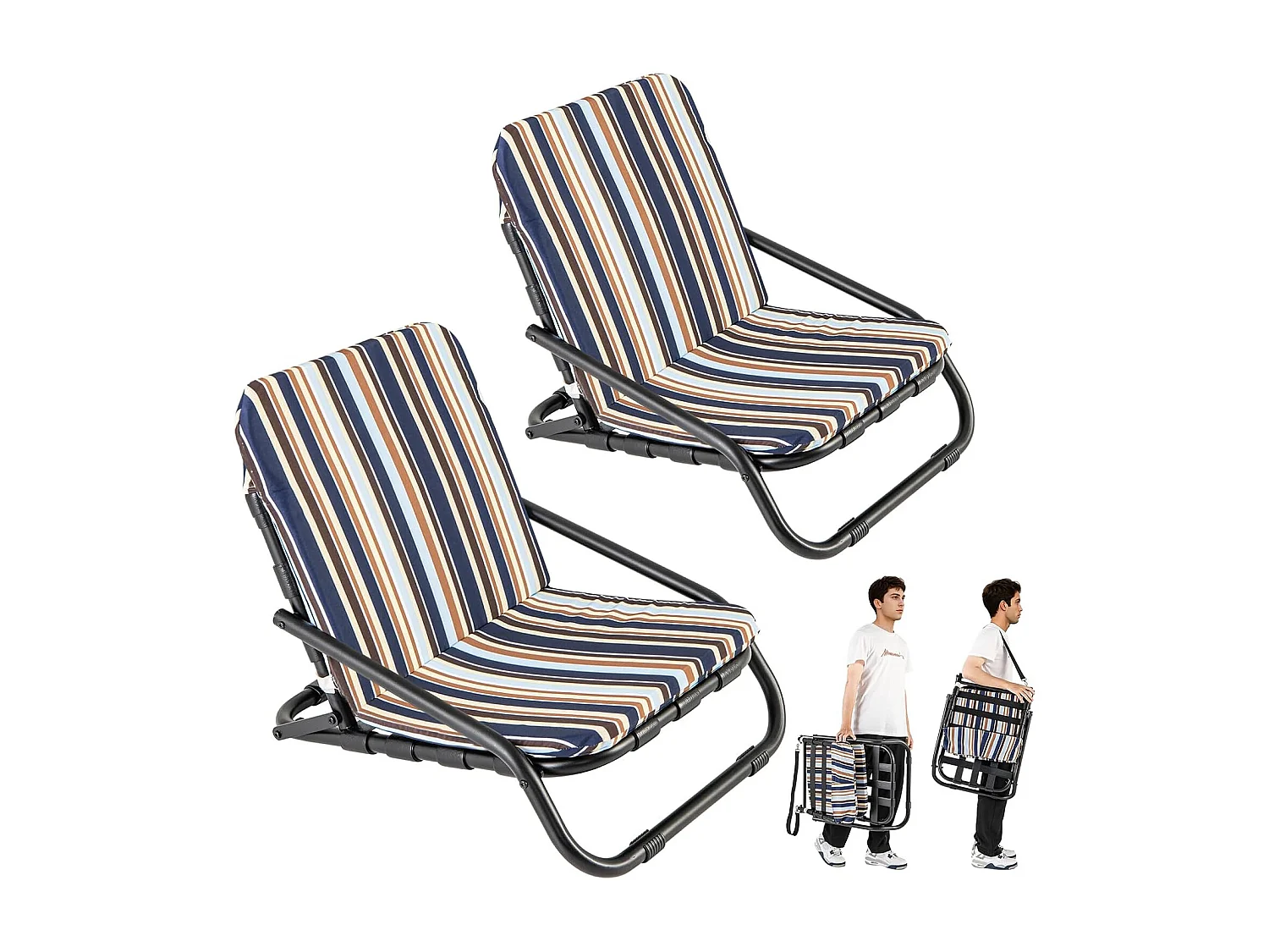 Strandstoelen, set van 2, inklapbare campingstoelen met kussen, sneldrogend katoen, klapstoelen met lage rugleuning en schouderbandenZB33826