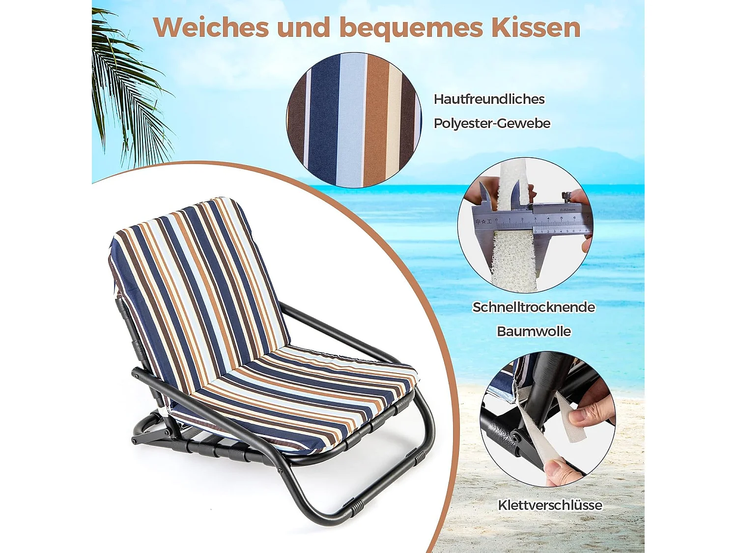 Strandstoelen, set van 2, inklapbare campingstoelen met kussen, sneldrogend katoen, klapstoelen met lage rugleuning en schouderbandenZB33826