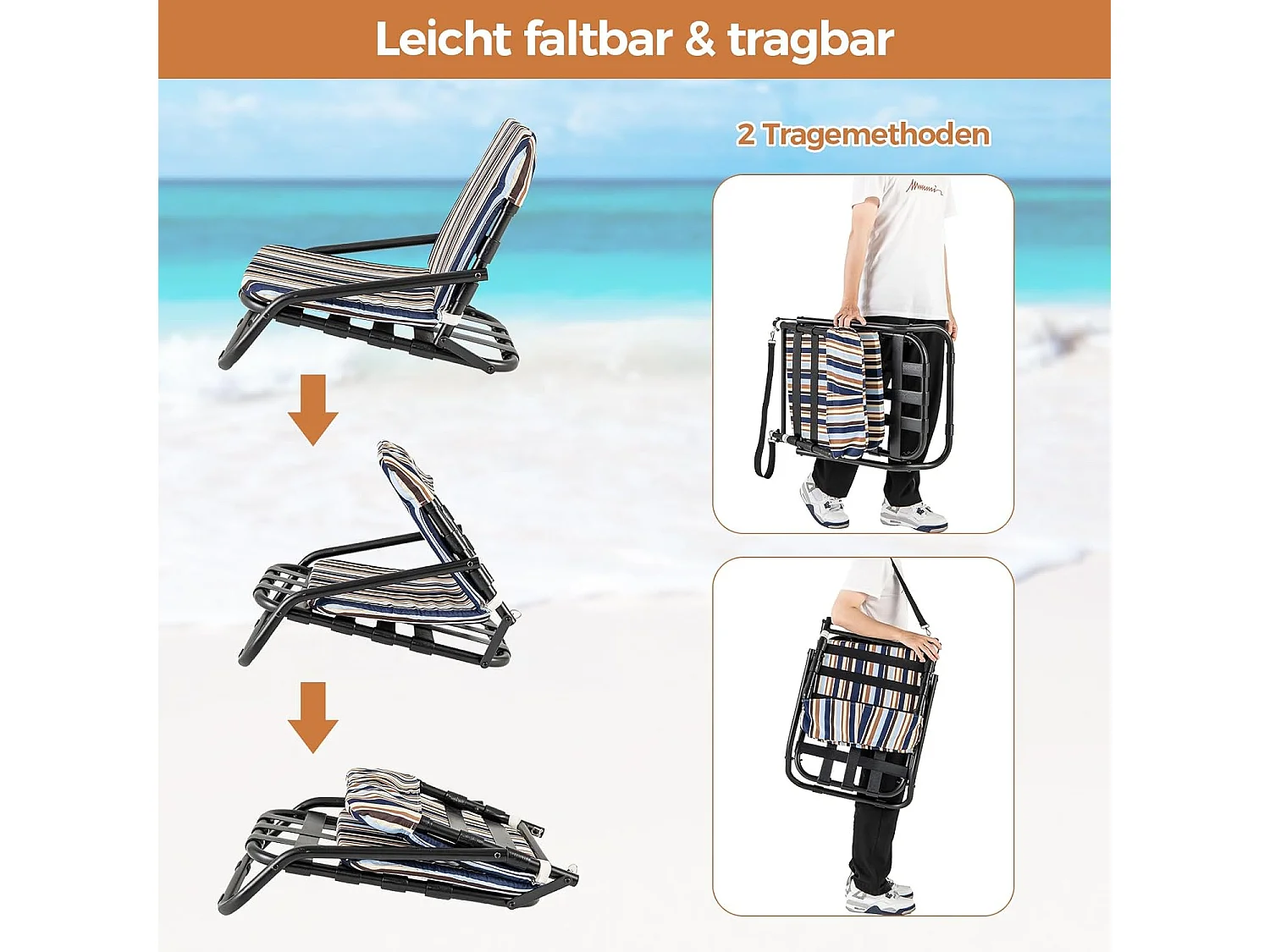 Strandstoelen, set van 2, inklapbare campingstoelen met kussen, sneldrogend katoen, klapstoelen met lage rugleuning en schouderbandenZB33826