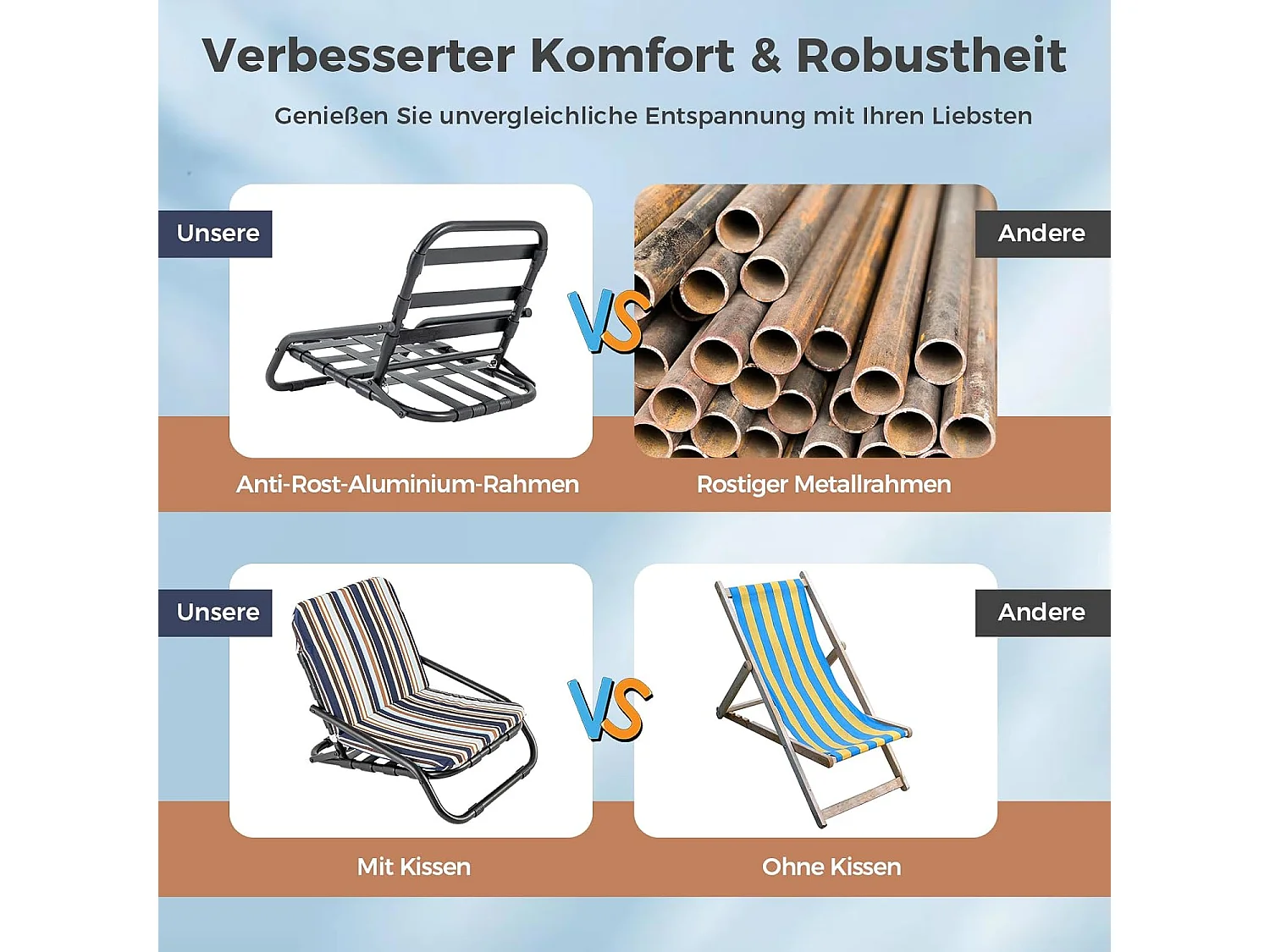 Strandstoelen, set van 2, inklapbare campingstoelen met kussen, sneldrogend katoen, klapstoelen met lage rugleuning en schouderbandenZB33826