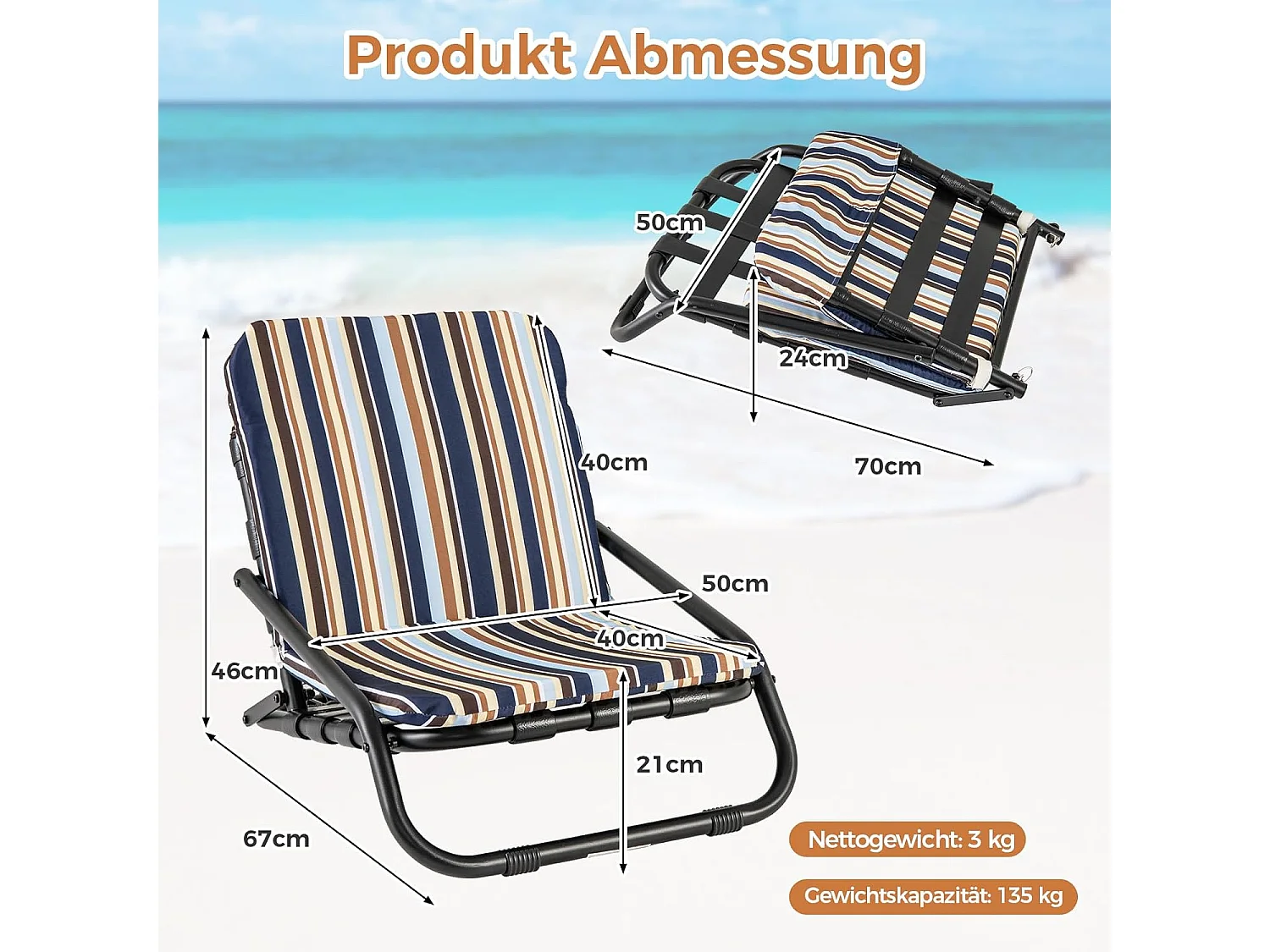 Strandstoelen, set van 2, inklapbare campingstoelen met kussen, sneldrogend katoen, klapstoelen met lage rugleuning en schouderbandenZB33826