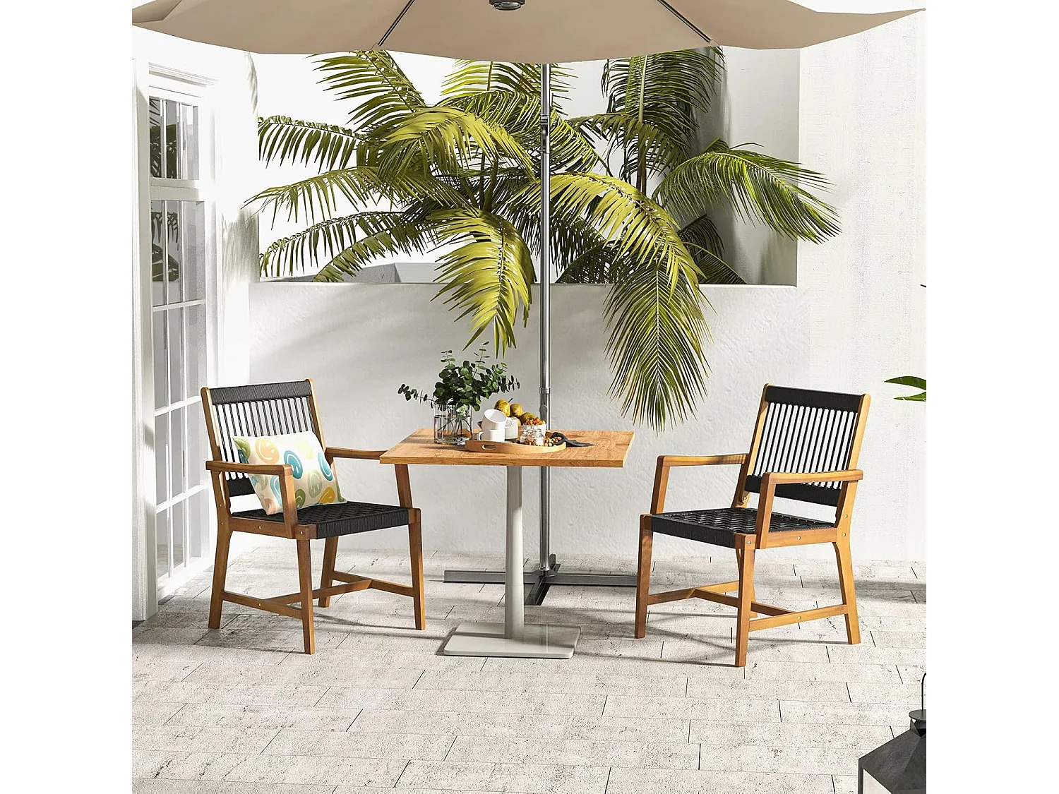 Set van 2 tuinstoelen, acaciahout, eetkamerstoel met rugleuning en armleuning, balkonstoel, belastbaar tot 160 kg, bistrostoelen voor terrassen, tuin en balkon