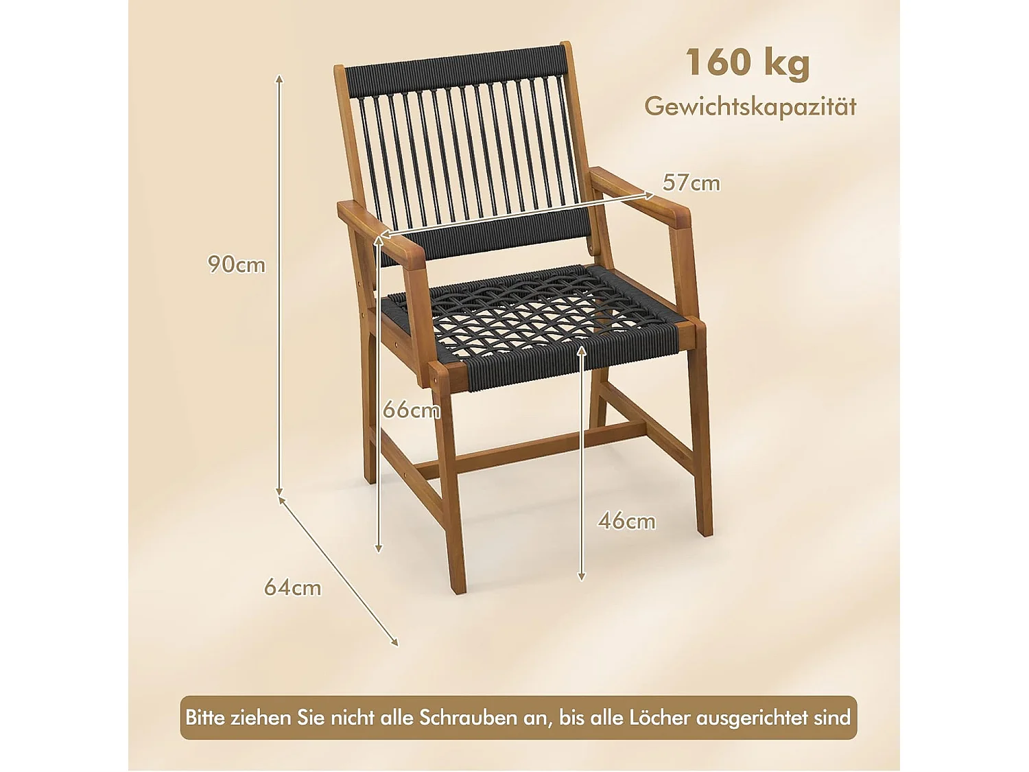 Set van 2 tuinstoelen, acaciahout, eetkamerstoel met rugleuning en armleuning, balkonstoel, belastbaar tot 160 kg, bistrostoelen voor terrassen, tuin en balkon