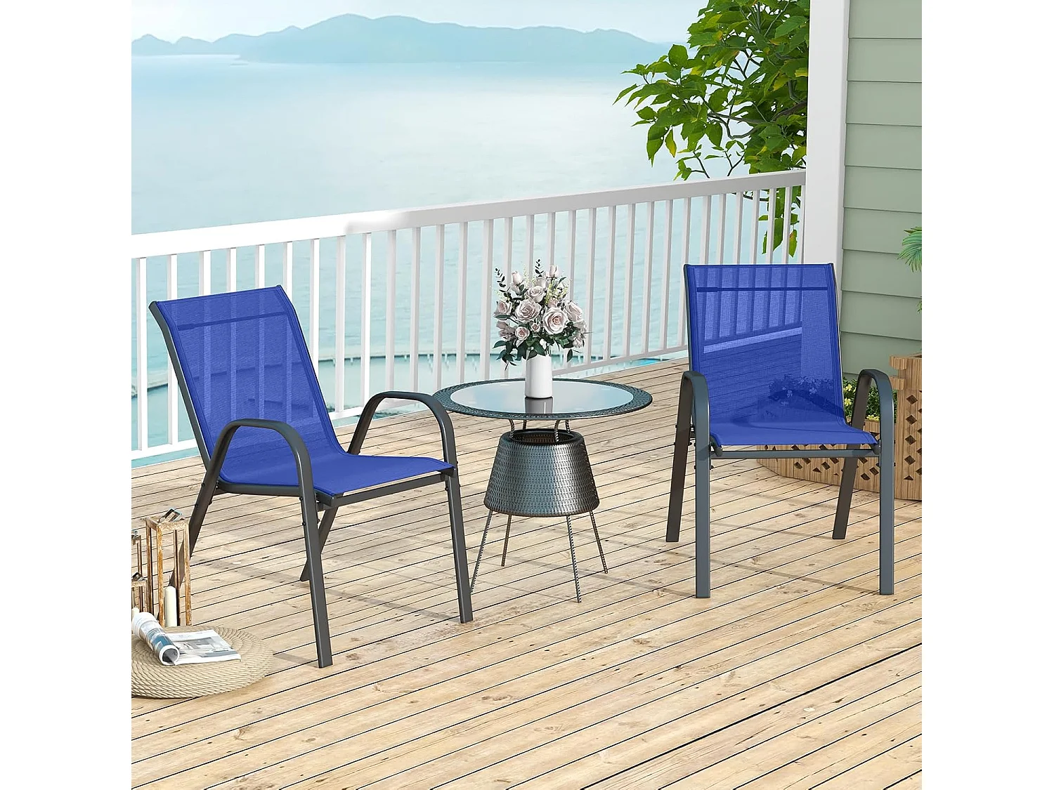 Set van 4 stapelbare tuinstoelen, stapelstoelen van textiel en metalen frame,  balkonstoelen, belastbaar tot 150 kg, 56 x 70 x 84 cm (blauw)ZB33718