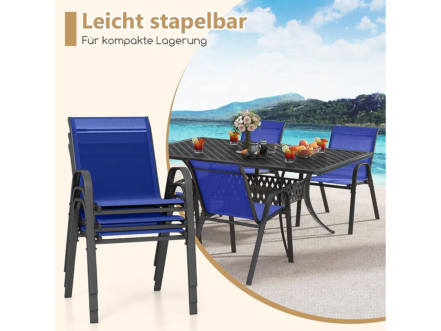 Set van 4 stapelbare tuinstoelen, stapelstoelen van textiel en metalen frame,  balkonstoelen, belastbaar tot 150 kg, 56 x 70 x 84 cm (blauw)ZB33718