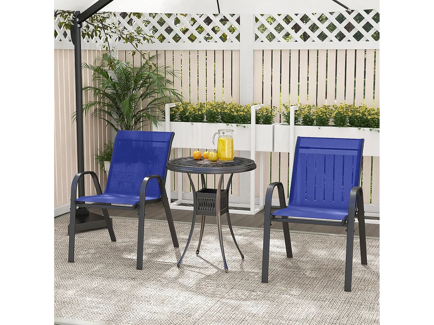 Set van 4 stapelbare tuinstoelen, stapelstoelen van textiel en metalen frame,  balkonstoelen, belastbaar tot 150 kg, 56 x 70 x 84 cm (blauw)ZB33718