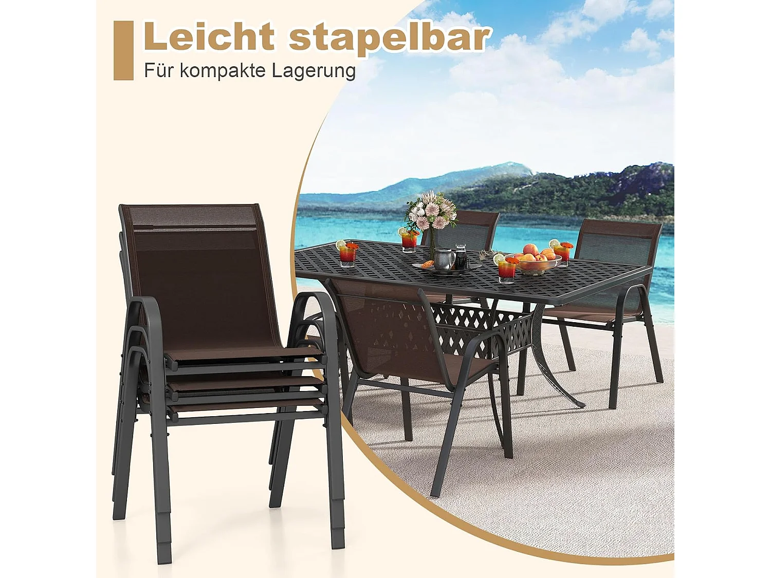 Set van 2 stapelbare tuinstoelen, stapelstoelen van textiel en metalen frame, balkonstoelen, belastbaar tot 150 kg, 56 x 70 x 84 cm (bruin)ZB33717