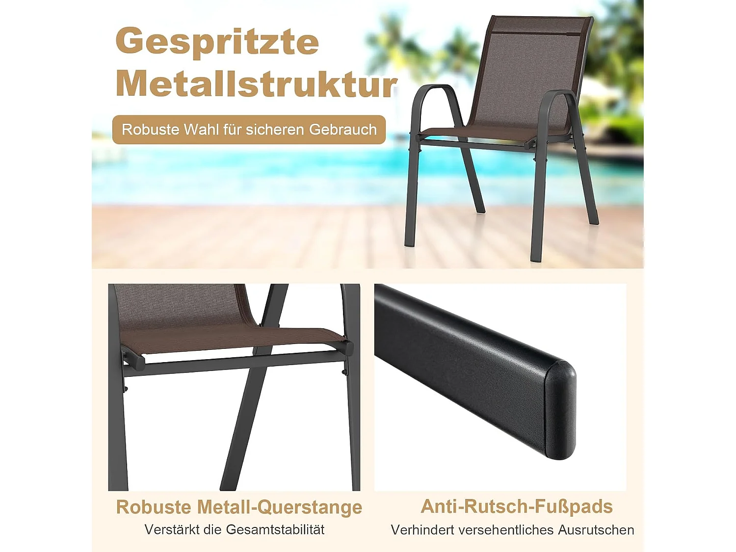 Set van 2 stapelbare tuinstoelen, stapelstoelen van textiel en metalen frame, balkonstoelen, belastbaar tot 150 kg, 56 x 70 x 84 cm (bruin)ZB33717