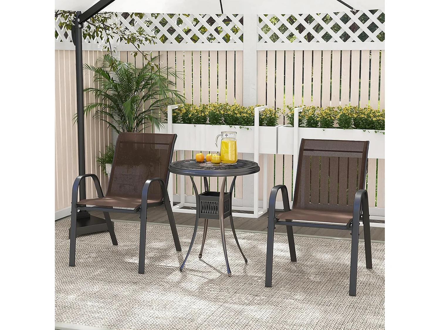 Set van 2 stapelbare tuinstoelen, stapelstoelen van textiel en metalen frame, balkonstoelen, belastbaar tot 150 kg, 56 x 70 x 84 cm (bruin)ZB33717