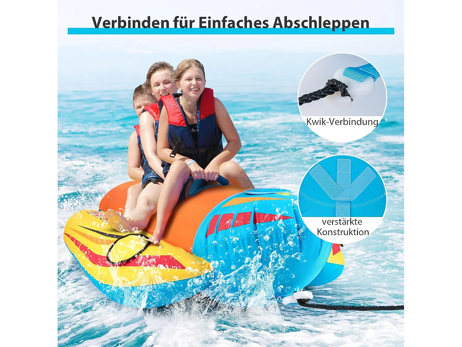 Bananenboot voor 3 personen, towable tube met 3 EVA-beklede zittingen en handgrepen, watersport funtube, Formula Tube voor boot, reparatieset inbegrepen
