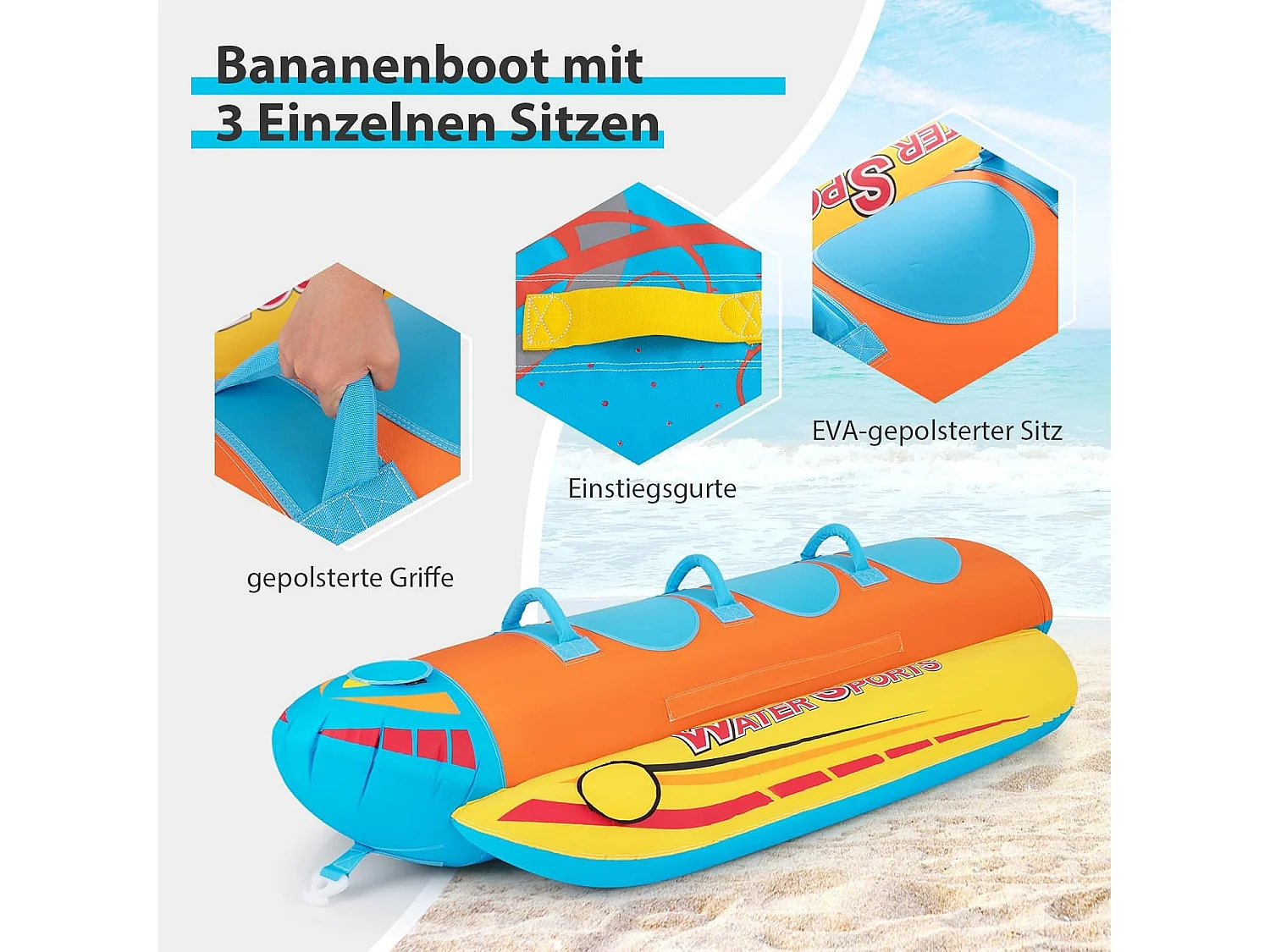 Bananenboot voor 3 personen, towable tube met 3 EVA-beklede zittingen en handgrepen, watersport funtube, Formula Tube voor boot, reparatieset inbegrepen