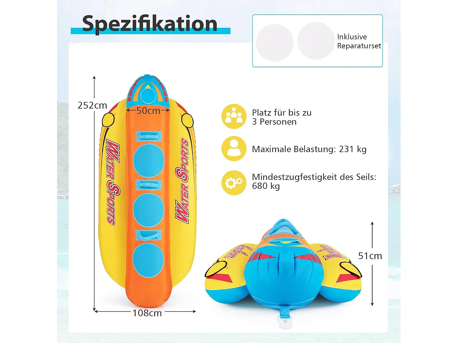 Bananenboot voor 3 personen, towable tube met 3 EVA-beklede zittingen en handgrepen, watersport funtube, Formula Tube voor boot, reparatieset inbegrepen