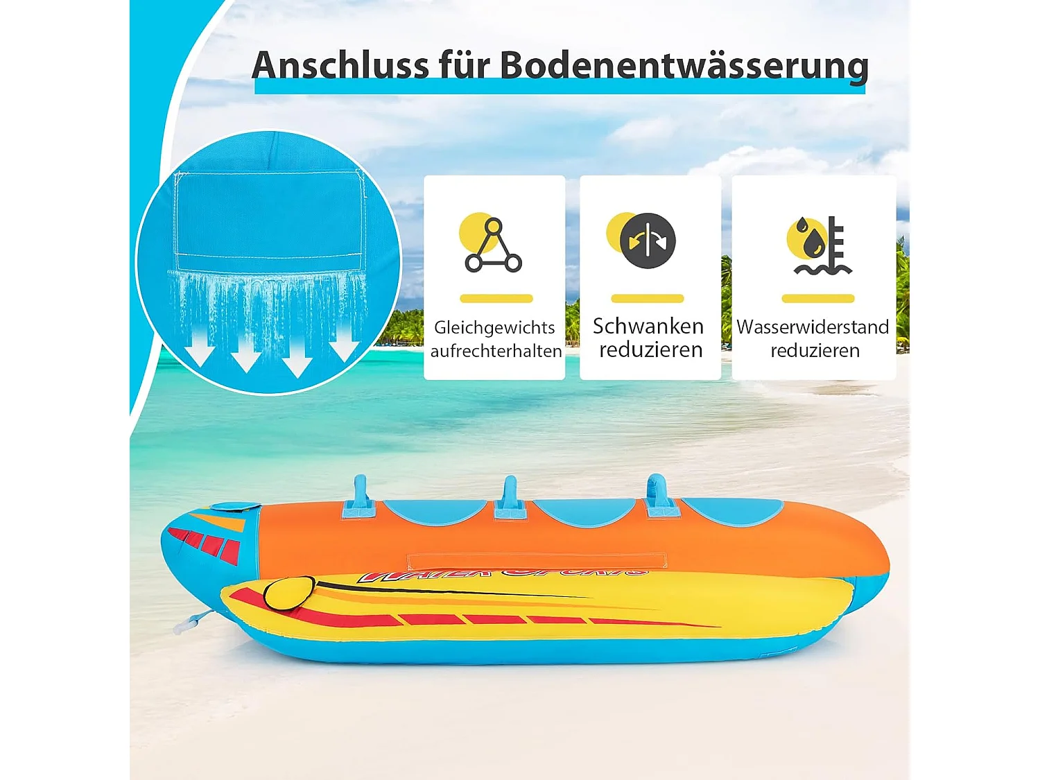 Bananenboot voor 3 personen, towable tube met 3 EVA-beklede zittingen en handgrepen, watersport funtube, Formula Tube voor boot, reparatieset inbegrepen