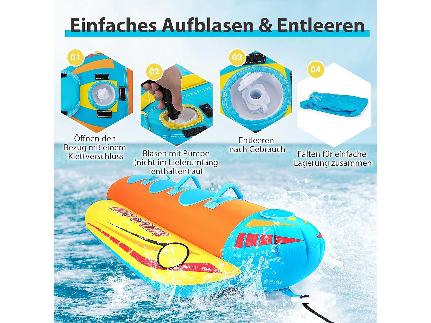 Bananenboot voor 3 personen, towable tube met 3 EVA-beklede zittingen en handgrepen, watersport funtube, Formula Tube voor boot, reparatieset inbegrepen