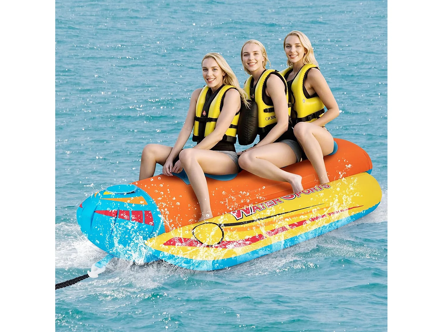 Bananenboot voor 3 personen, towable tube met 3 EVA-beklede zittingen en handgrepen, watersport funtube, Formula Tube voor boot, reparatieset inbegrepen