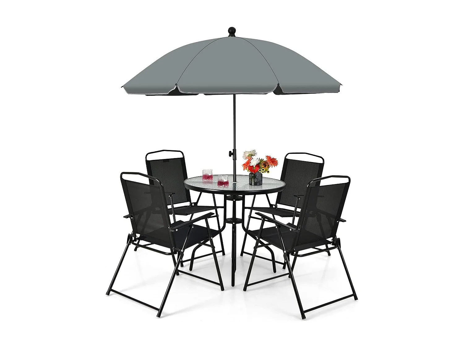 6-delige tuinmeubelset, terrasmeubels met parasol, tuintafel en 4 klapstoelen, tuinset, zitgroep voor tuin, balkon ZB32694
