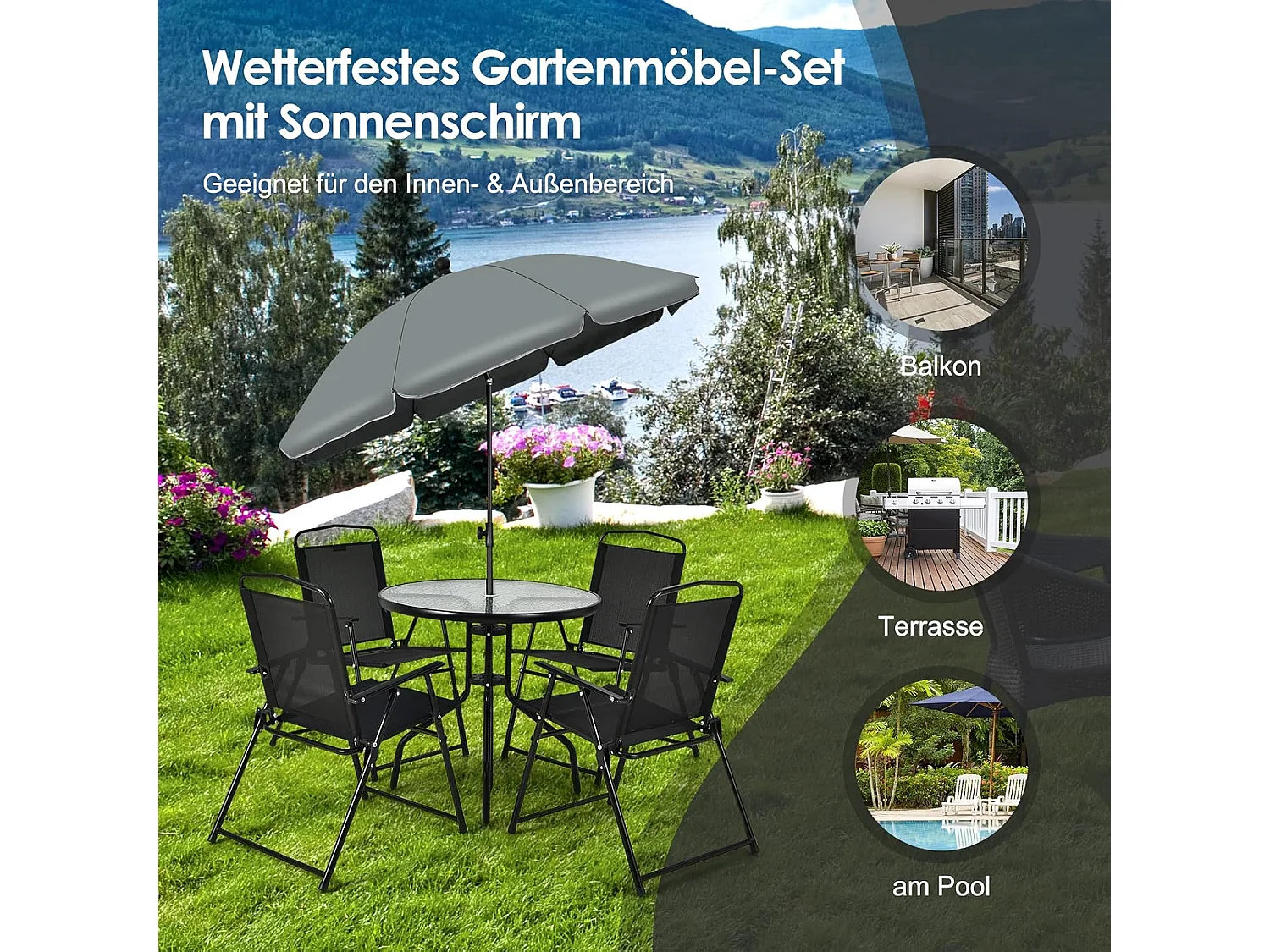 6-delige tuinmeubelset, terrasmeubels met parasol, tuintafel en 4 klapstoelen, tuinset, zitgroep voor tuin, balkon ZB32694