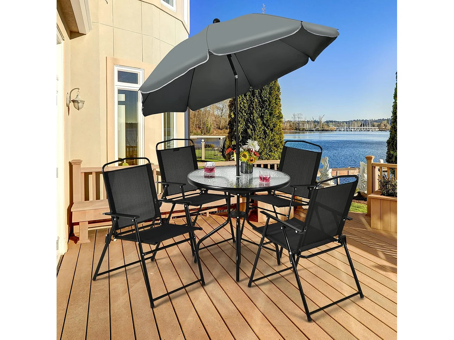 6-delige tuinmeubelset, terrasmeubels met parasol, tuintafel en 4 klapstoelen, tuinset, zitgroep voor tuin, balkon ZB32694