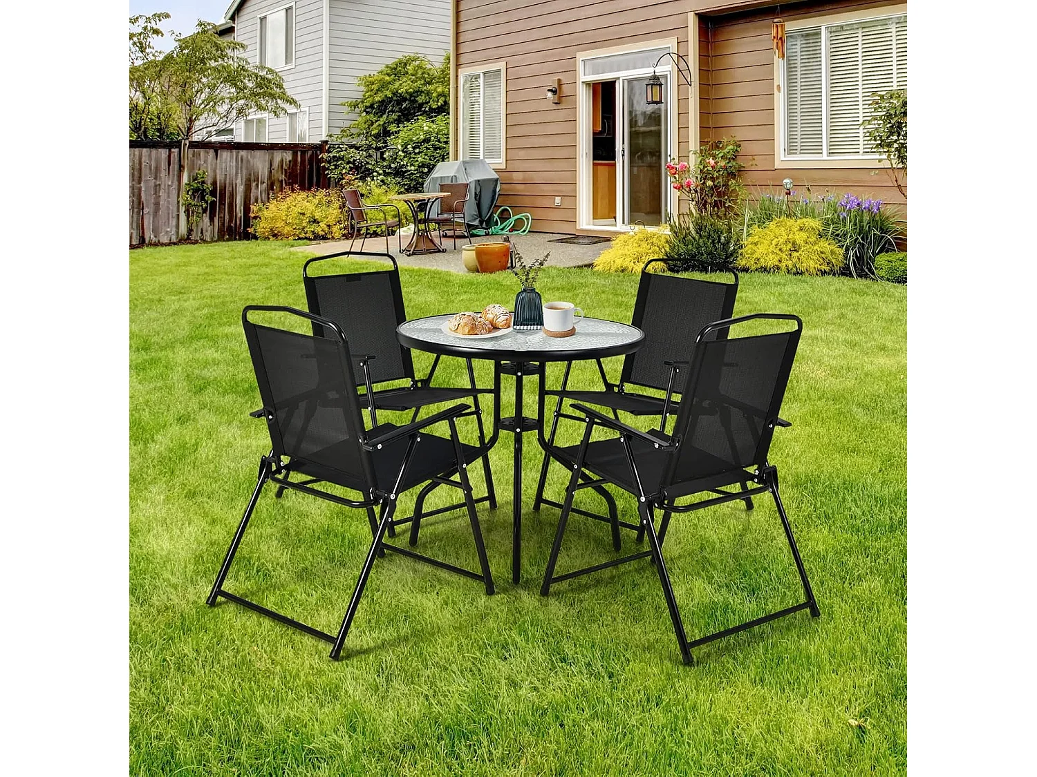 6-delige tuinmeubelset, terrasmeubels met parasol, tuintafel en 4 klapstoelen, tuinset, zitgroep voor tuin, balkon ZB32694