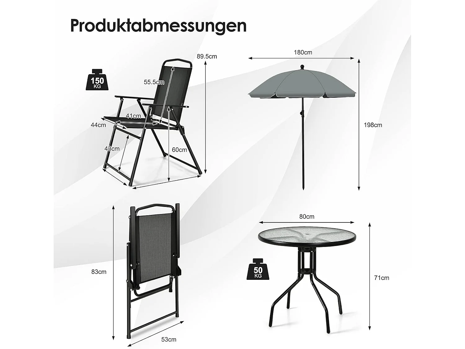 6-delige tuinmeubelset, terrasmeubels met parasol, tuintafel en 4 klapstoelen, tuinset, zitgroep voor tuin, balkon ZB32694