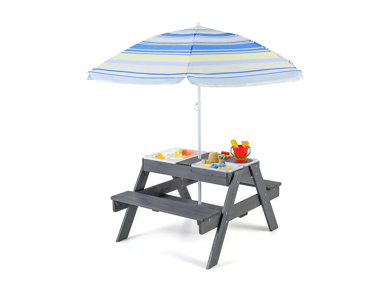 Kinderzitgroep voor buiten, 2-in-1 kinderzitset met parasol en 3 afneembare bakken voor zand en water, picknicktafel, speeltafel, tuinmeubelen voor tuin,ZB33043