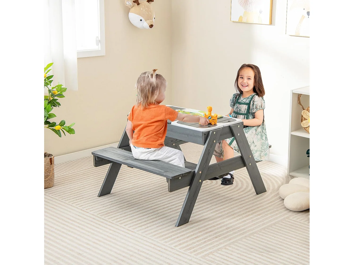 Kinderzitgroep voor buiten, 2-in-1 kinderzitset met parasol en 3 afneembare bakken voor zand en water, picknicktafel, speeltafel, tuinmeubelen voor tuin,ZB33043