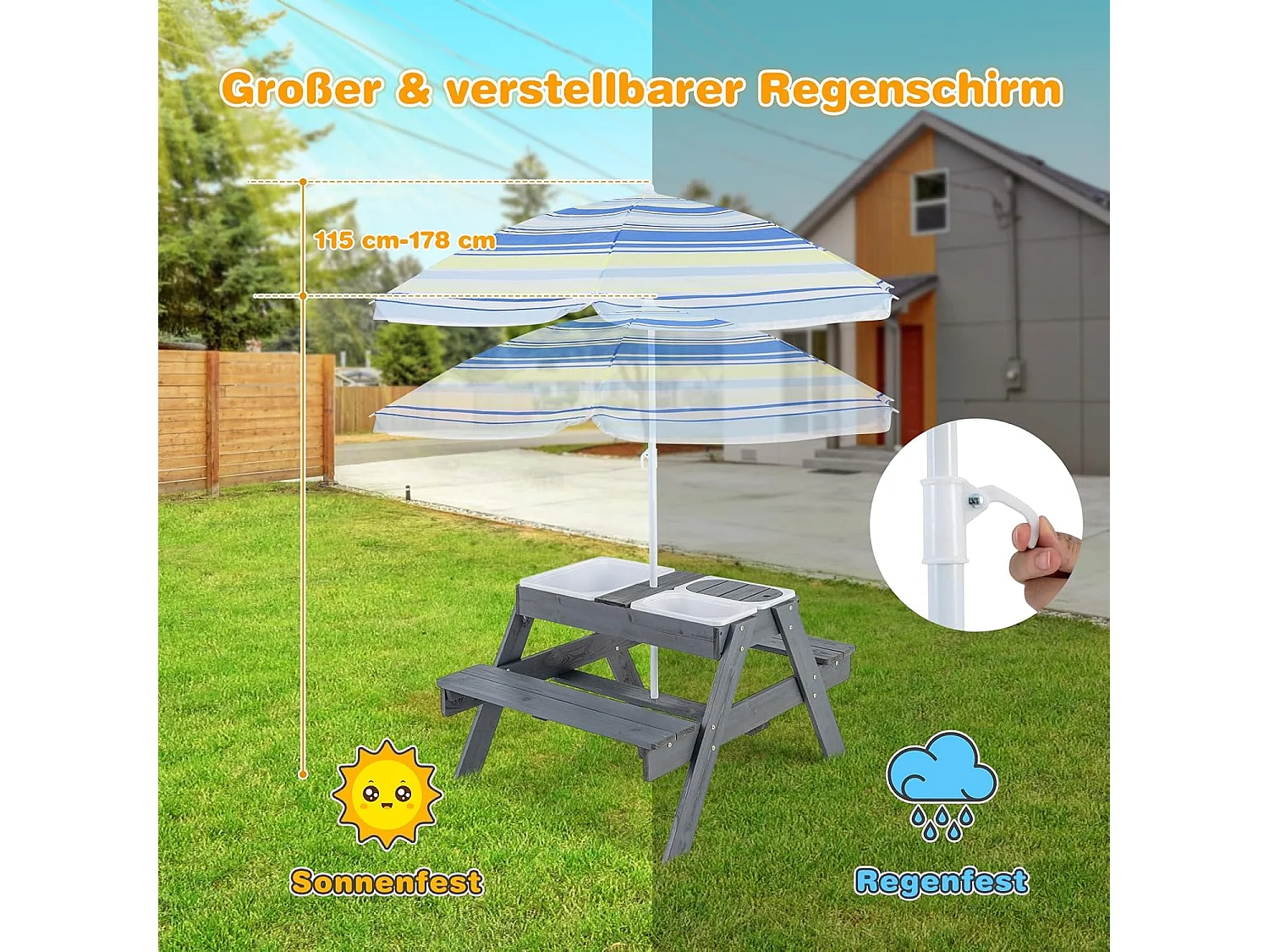 Kinderzitgroep voor buiten, 2-in-1 kinderzitset met parasol en 3 afneembare bakken voor zand en water, picknicktafel, speeltafel, tuinmeubelen voor tuin,ZB33043