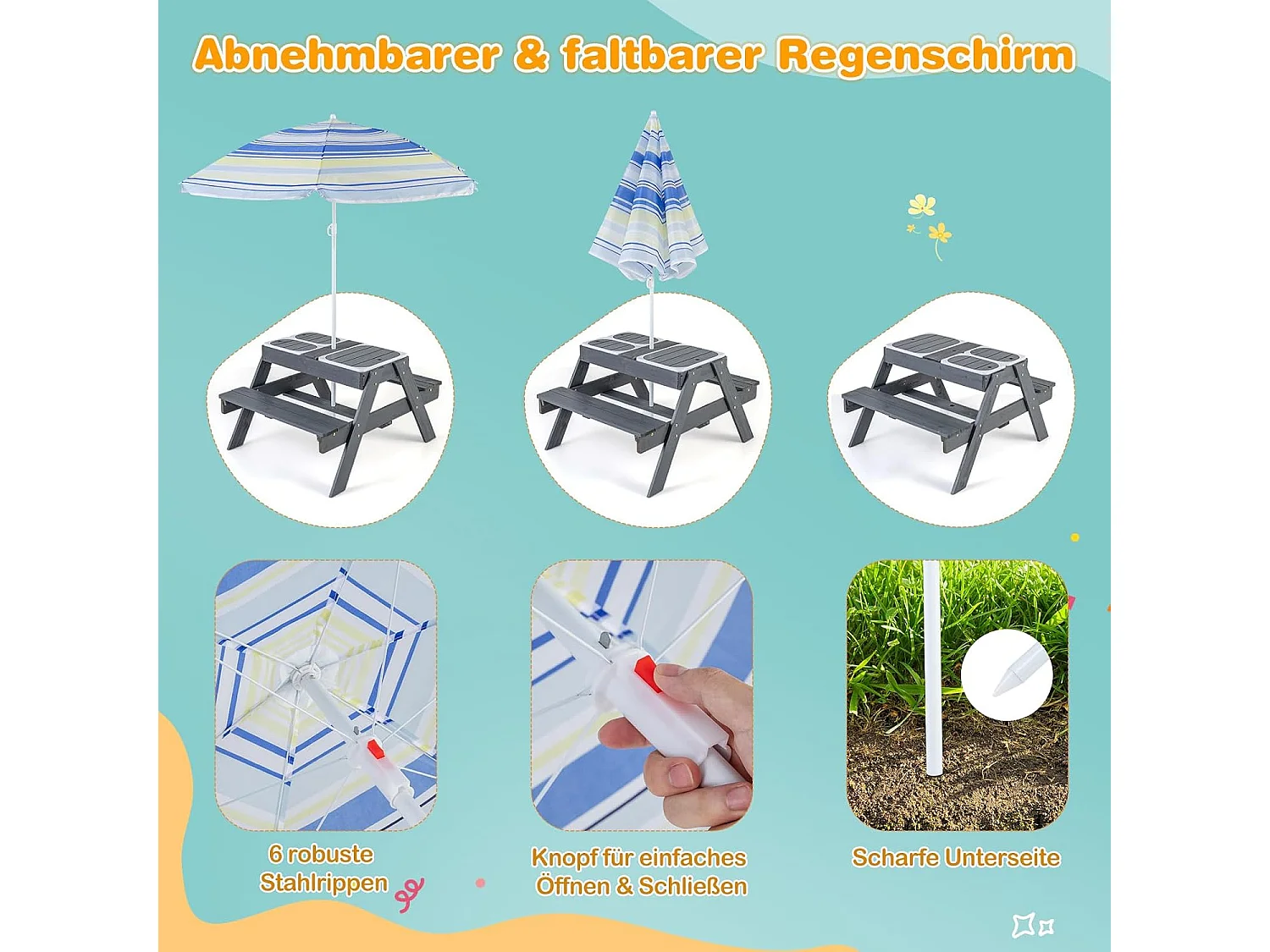 Kinderzitgroep voor buiten, 2-in-1 kinderzitset met parasol en 3 afneembare bakken voor zand en water, picknicktafel, speeltafel, tuinmeubelen voor tuin,ZB33043
