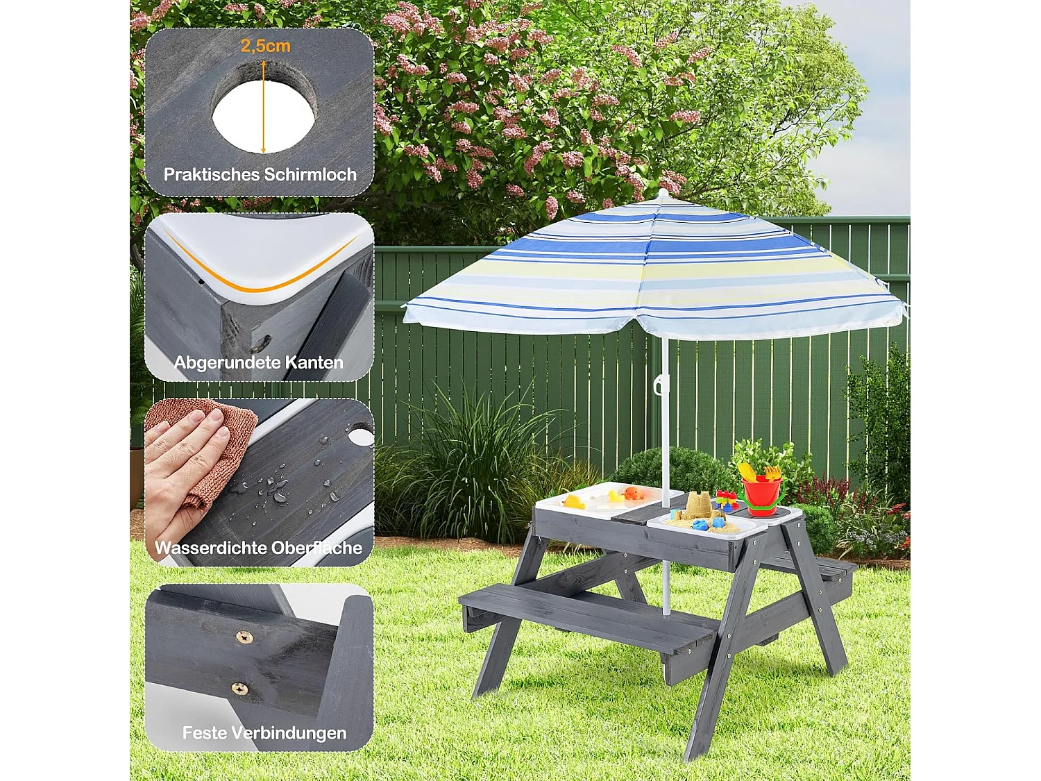 Kinderzitgroep voor buiten, 2-in-1 kinderzitset met parasol en 3 afneembare bakken voor zand en water, picknicktafel, speeltafel, tuinmeubelen voor tuin,ZB33043