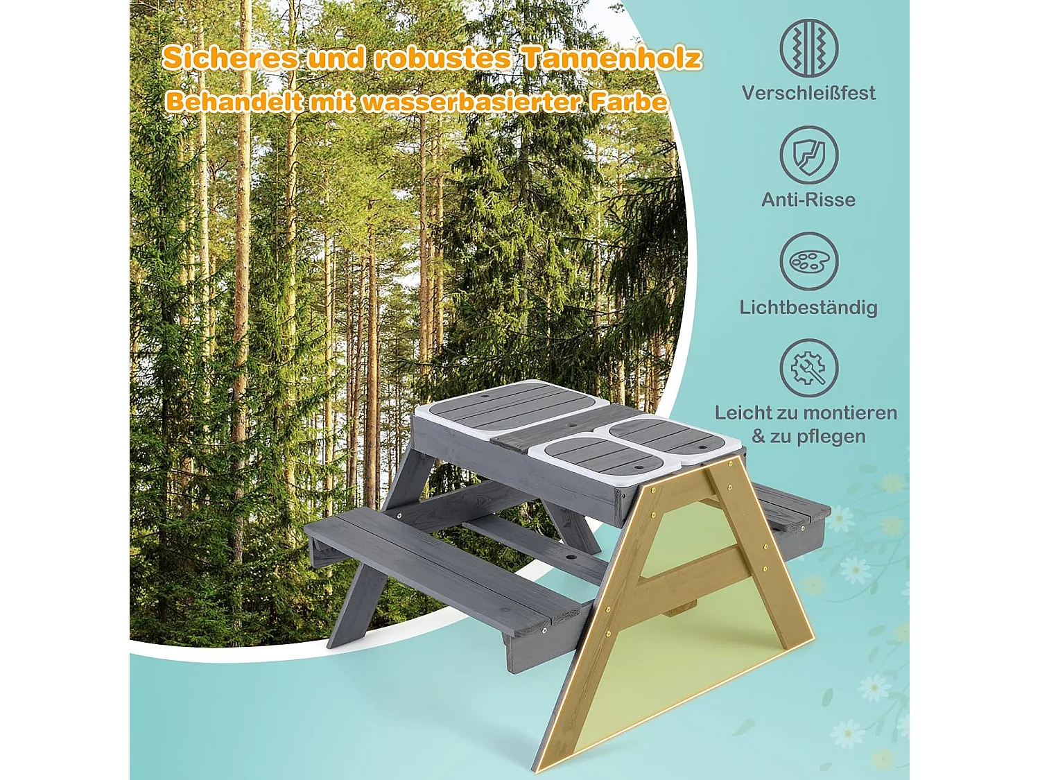 Kinderzitgroep voor buiten, 2-in-1 kinderzitset met parasol en 3 afneembare bakken voor zand en water, picknicktafel, speeltafel, tuinmeubelen voor tuin,ZB33043