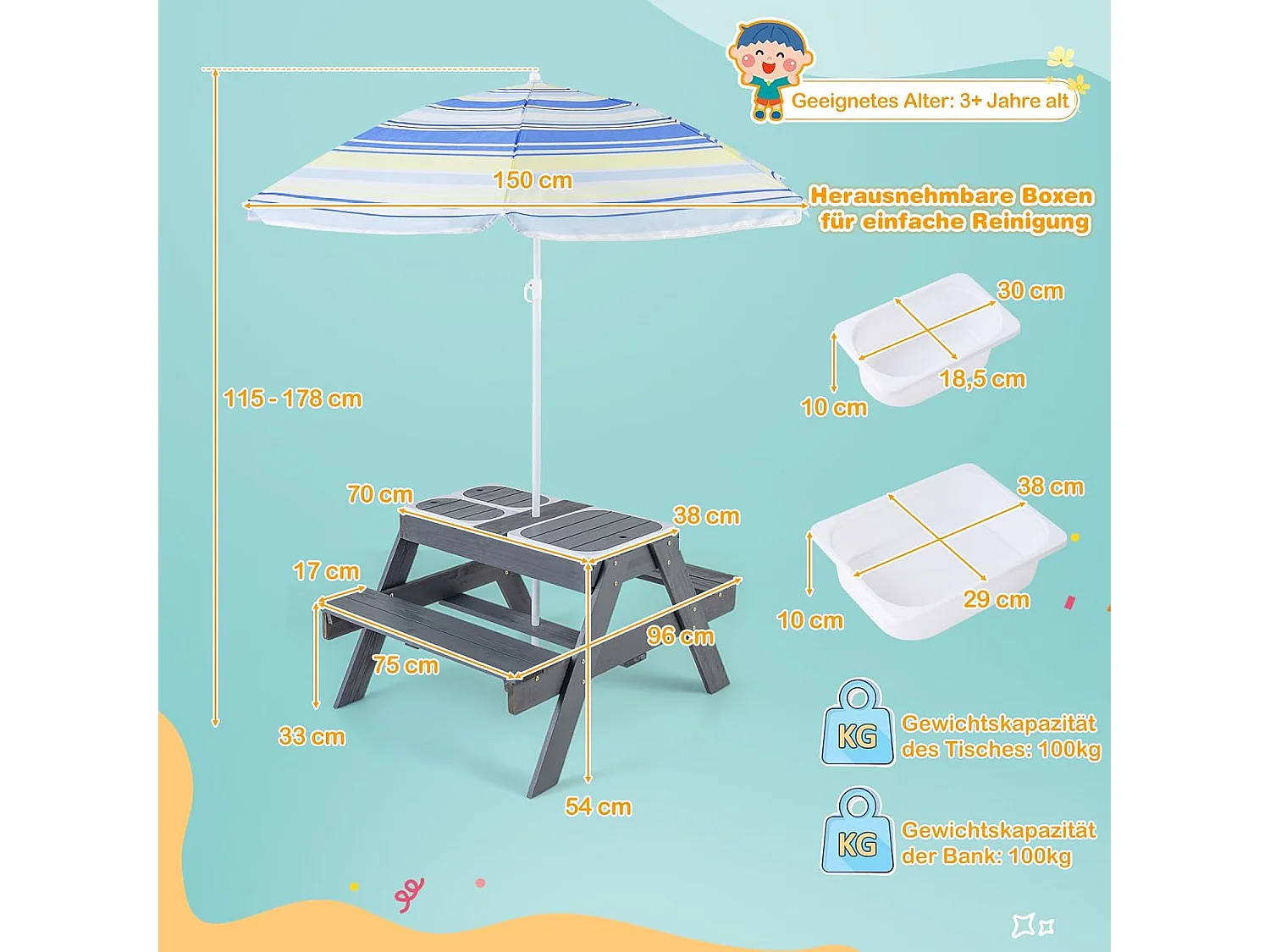 Kinderzitgroep voor buiten, 2-in-1 kinderzitset met parasol en 3 afneembare bakken voor zand en water, picknicktafel, speeltafel, tuinmeubelen voor tuin,ZB33043