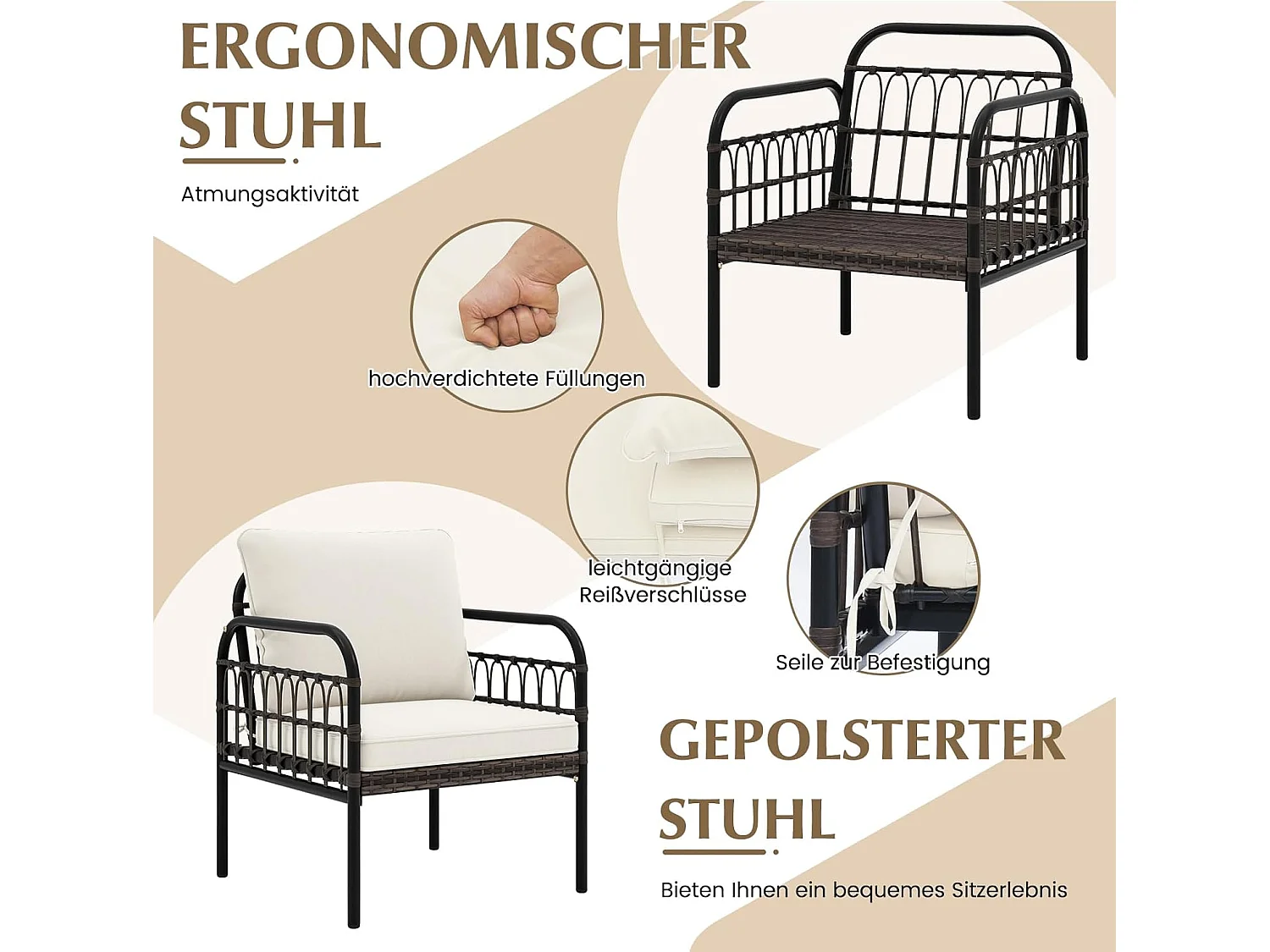 3-delige rotan stoelset, tuinstoel,terrasstoelen, metalen frame met glazen bijzettafel en kussens, gesprekset,tuinmeubelset voor tuin,achtertuin en zwembad TI93705