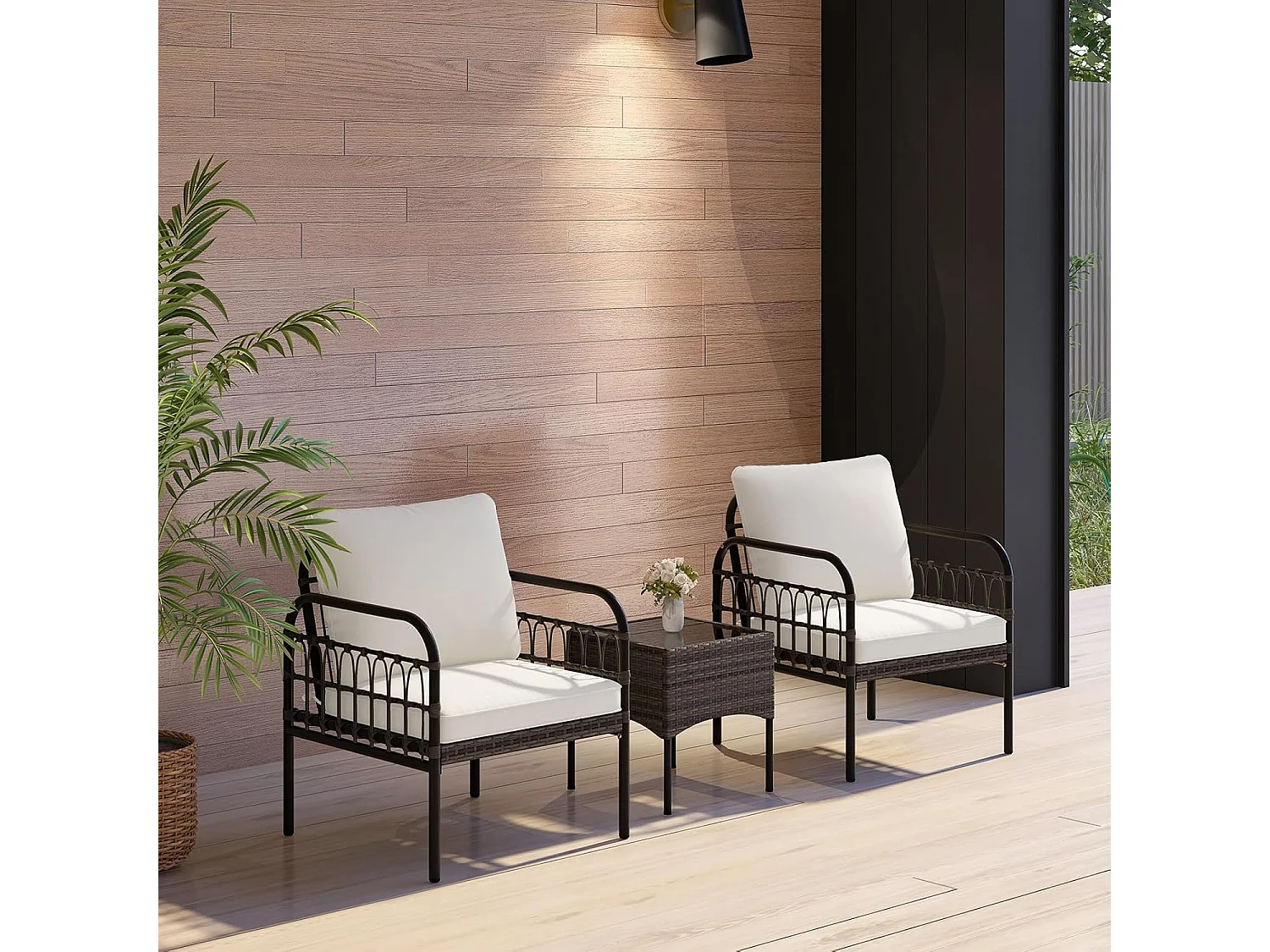 3-delige rotan stoelset, tuinstoel,terrasstoelen, metalen frame met glazen bijzettafel en kussens, gesprekset,tuinmeubelset voor tuin,achtertuin en zwembad TI93705